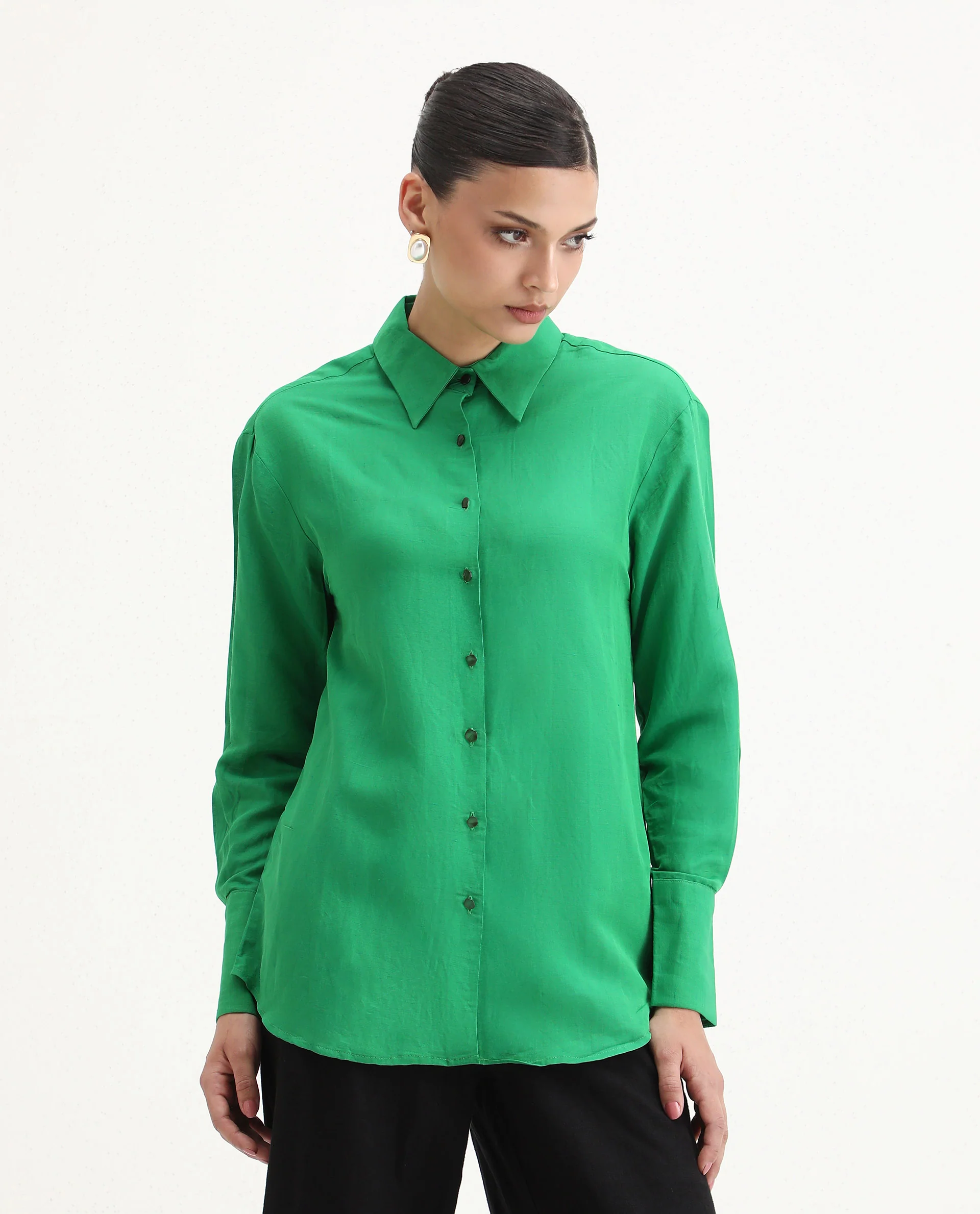 Rareism Women's Harper Green Linen Spread Collar Plain Regular Fit Top - Image 3