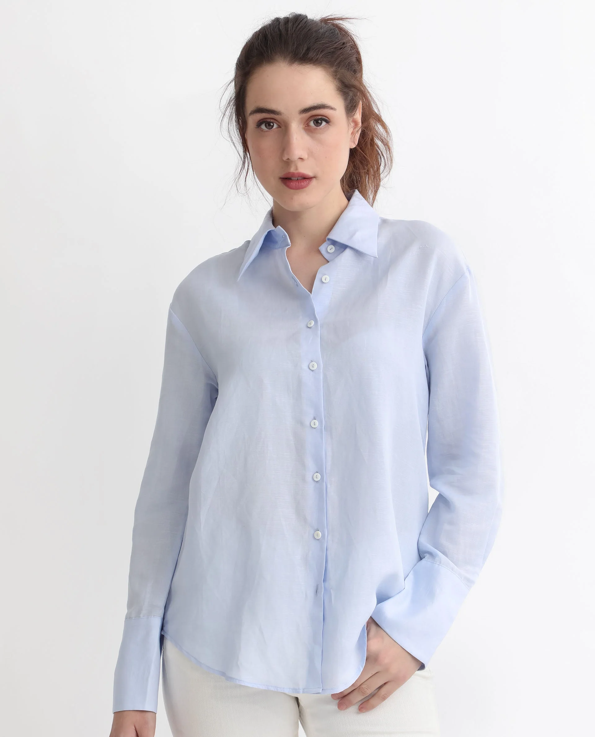 Rareism Women's Harper Pastel Blue Linen Spread Collar Plain Regular Fit Shirt
