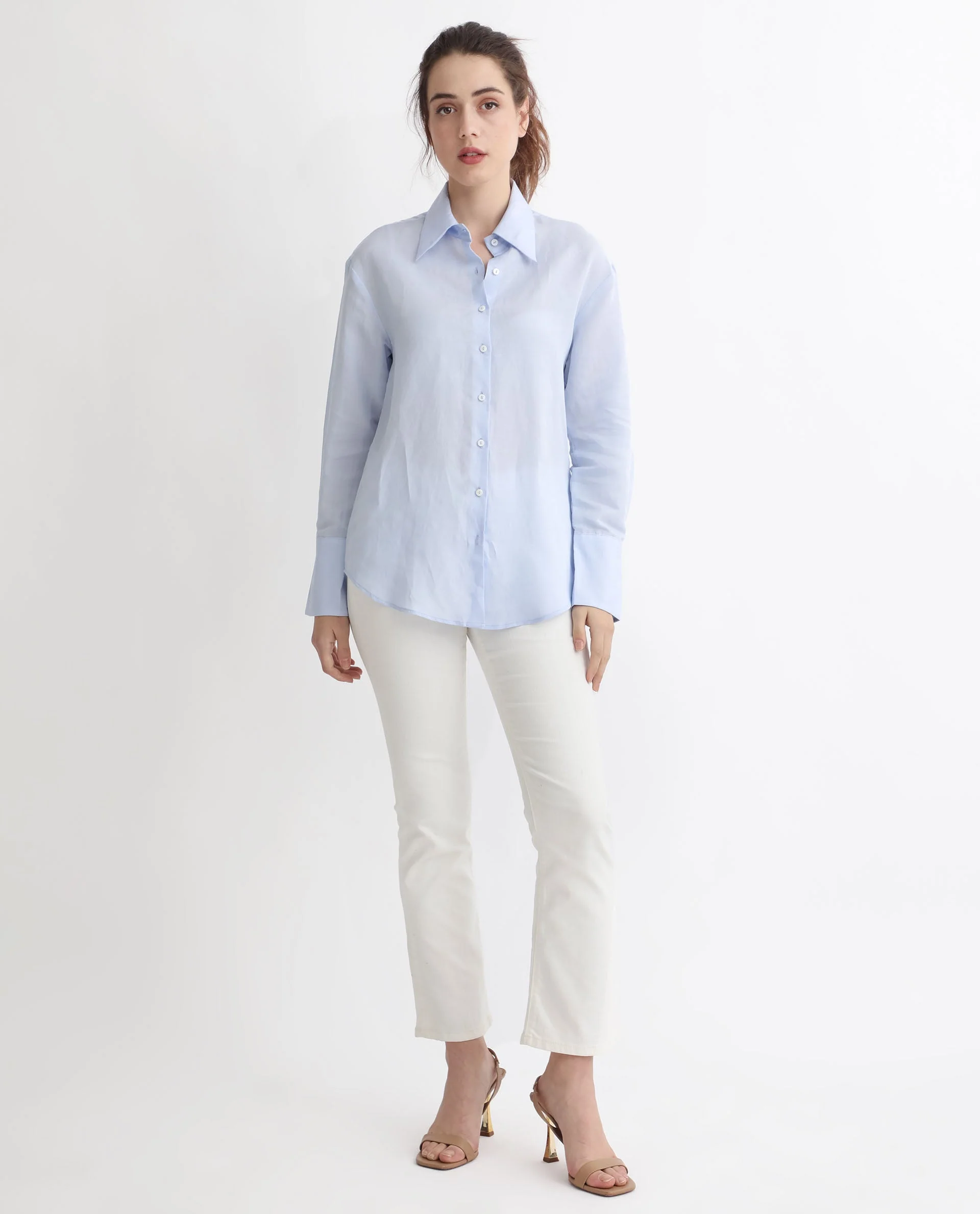 Rareism Women's Harper Pastel Blue Linen Spread Collar Plain Regular Fit Shirt - Image 2