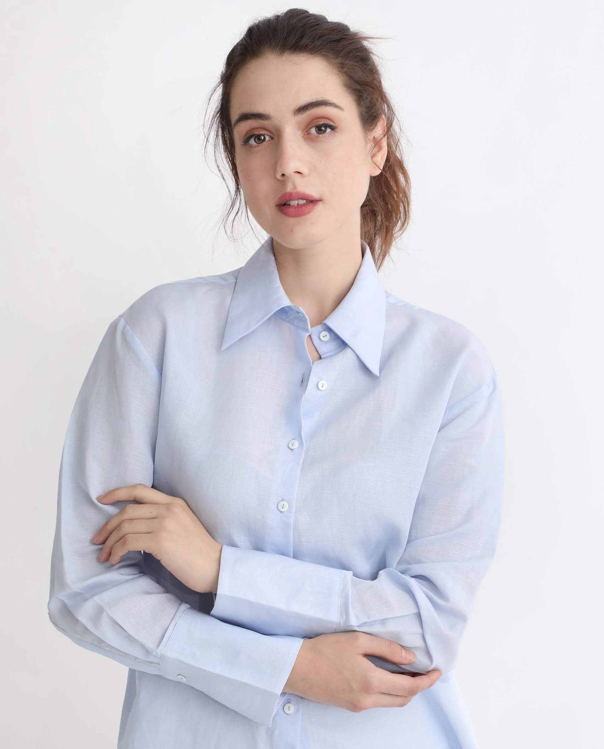 Rareism Women's Harper Pastel Blue Linen Spread Collar Plain Regular Fit Shirt - Image 4
