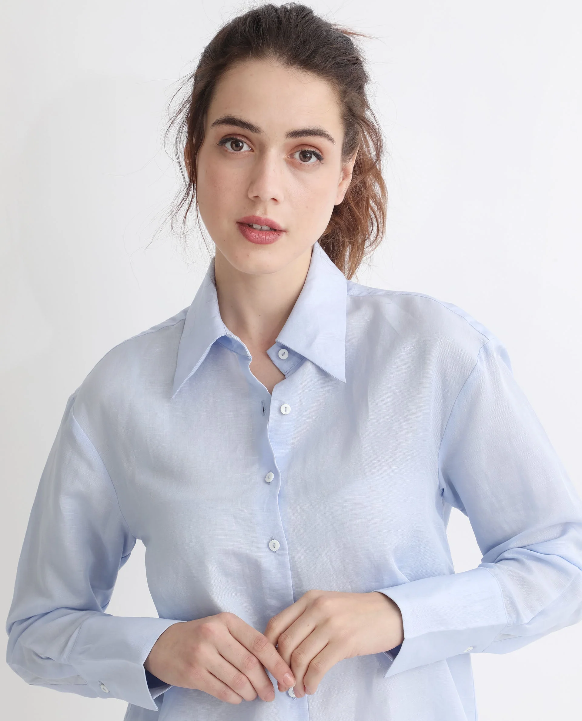 Rareism Women's Harper Pastel Blue Linen Spread Collar Plain Regular Fit Shirt - Image 5