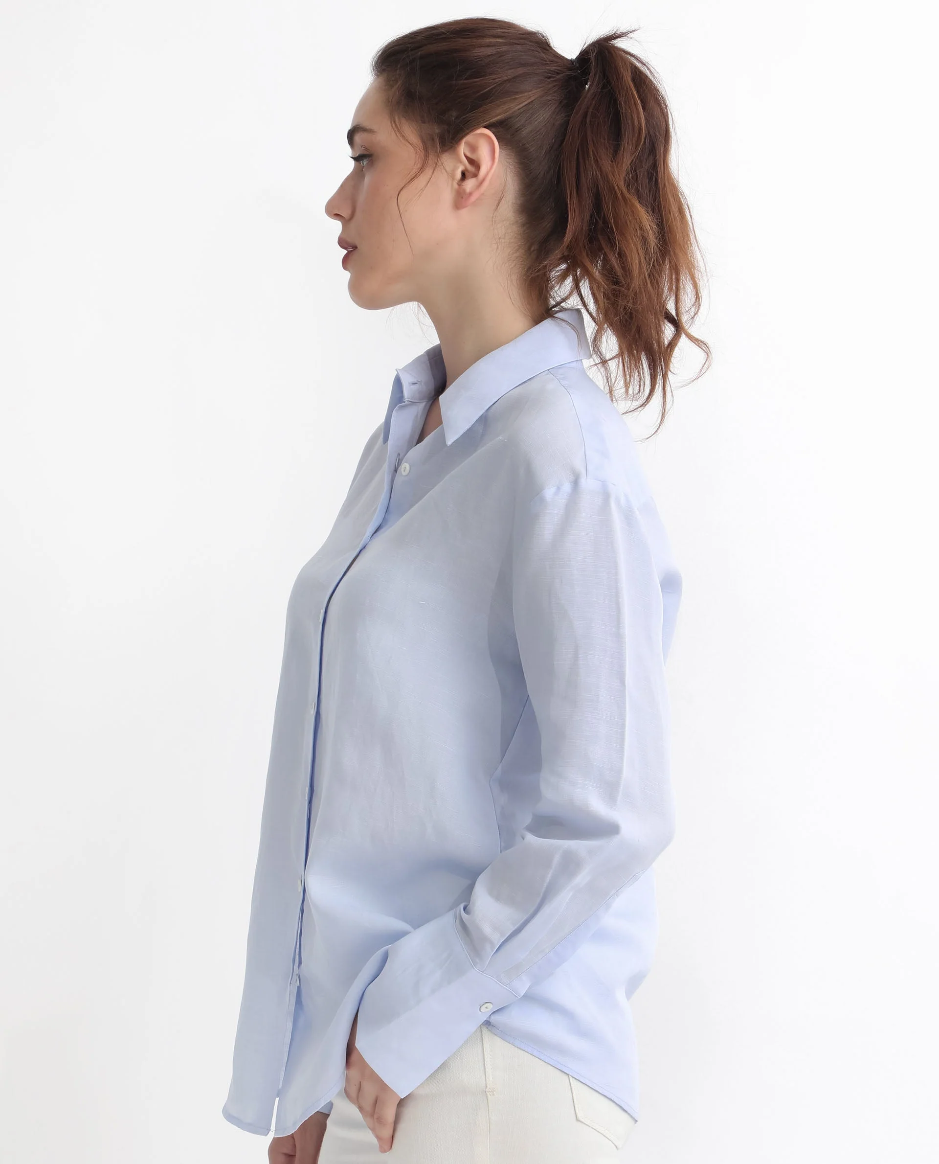 Rareism Women's Harper Pastel Blue Linen Spread Collar Plain Regular Fit Shirt - Image 6