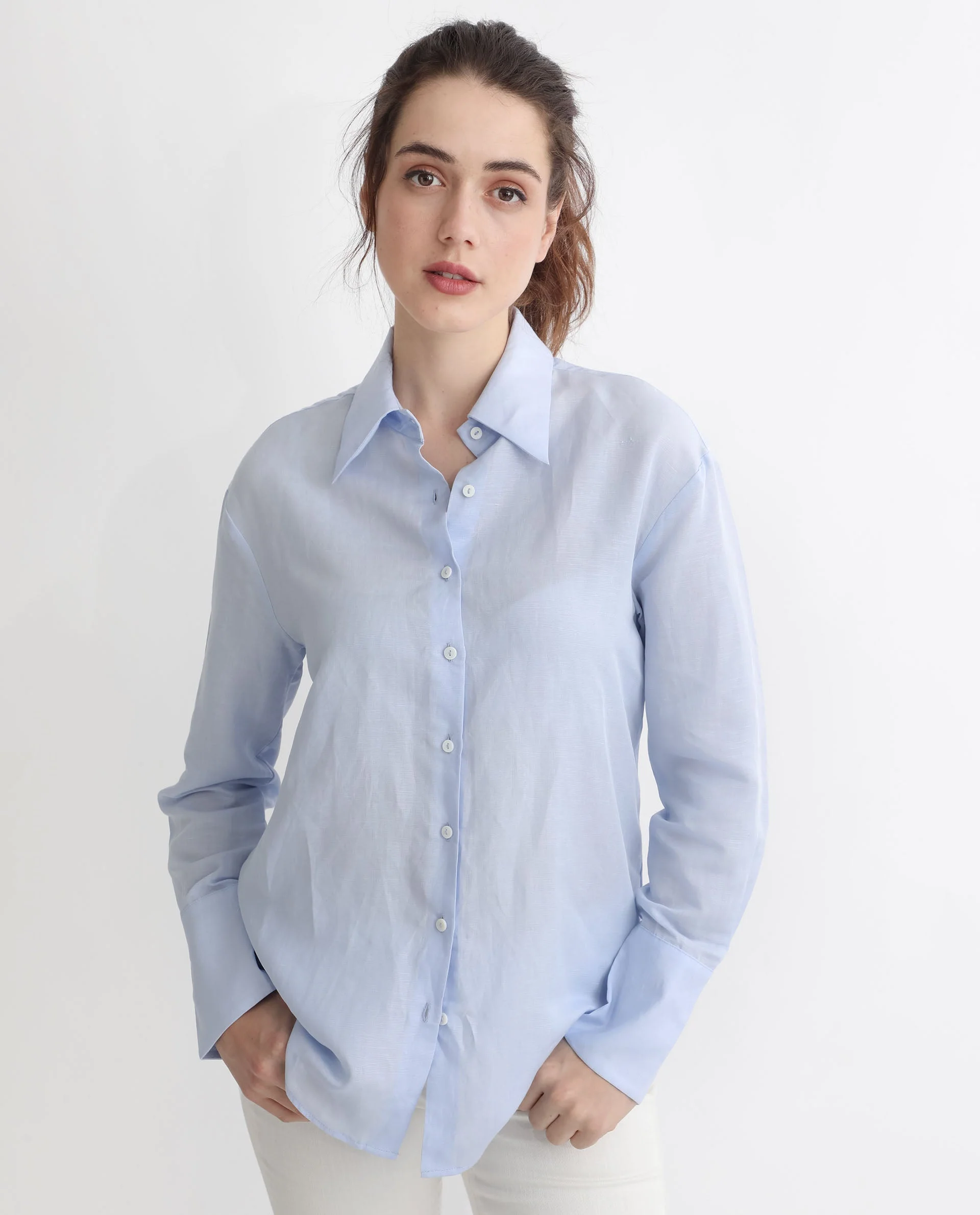 Rareism Women's Harper Pastel Blue Linen Spread Collar Plain Regular Fit Shirt - Image 8