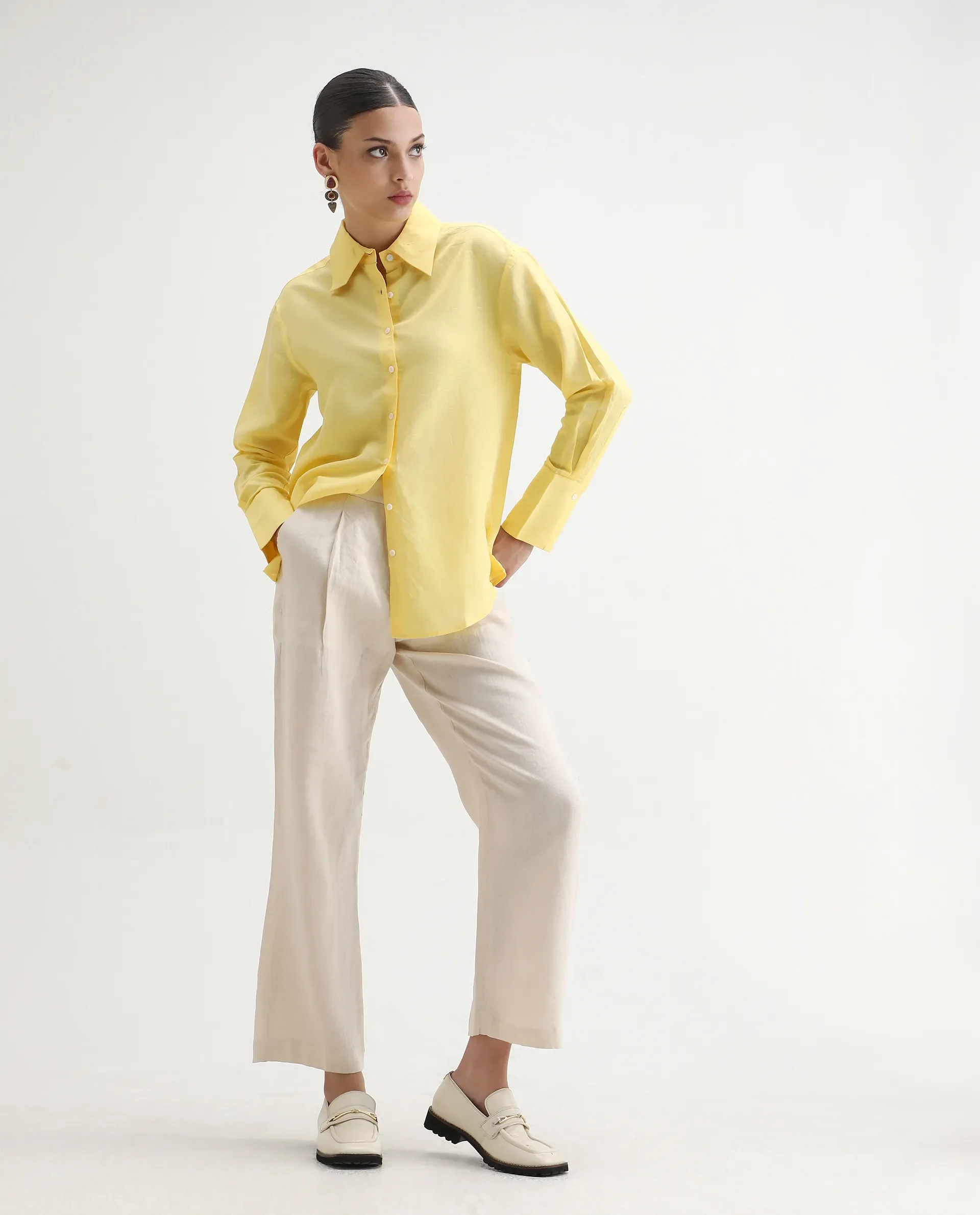 Rareism Women's Harper Yellow Linen Spread Collar Plain Regular Fit Shirt - Image 2