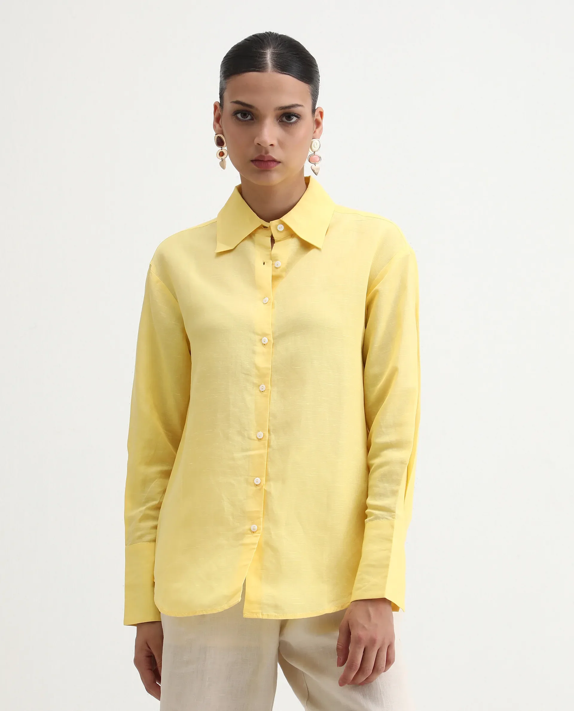 Rareism Women's Harper Yellow Linen Spread Collar Plain Regular Fit Shirt - Image 4