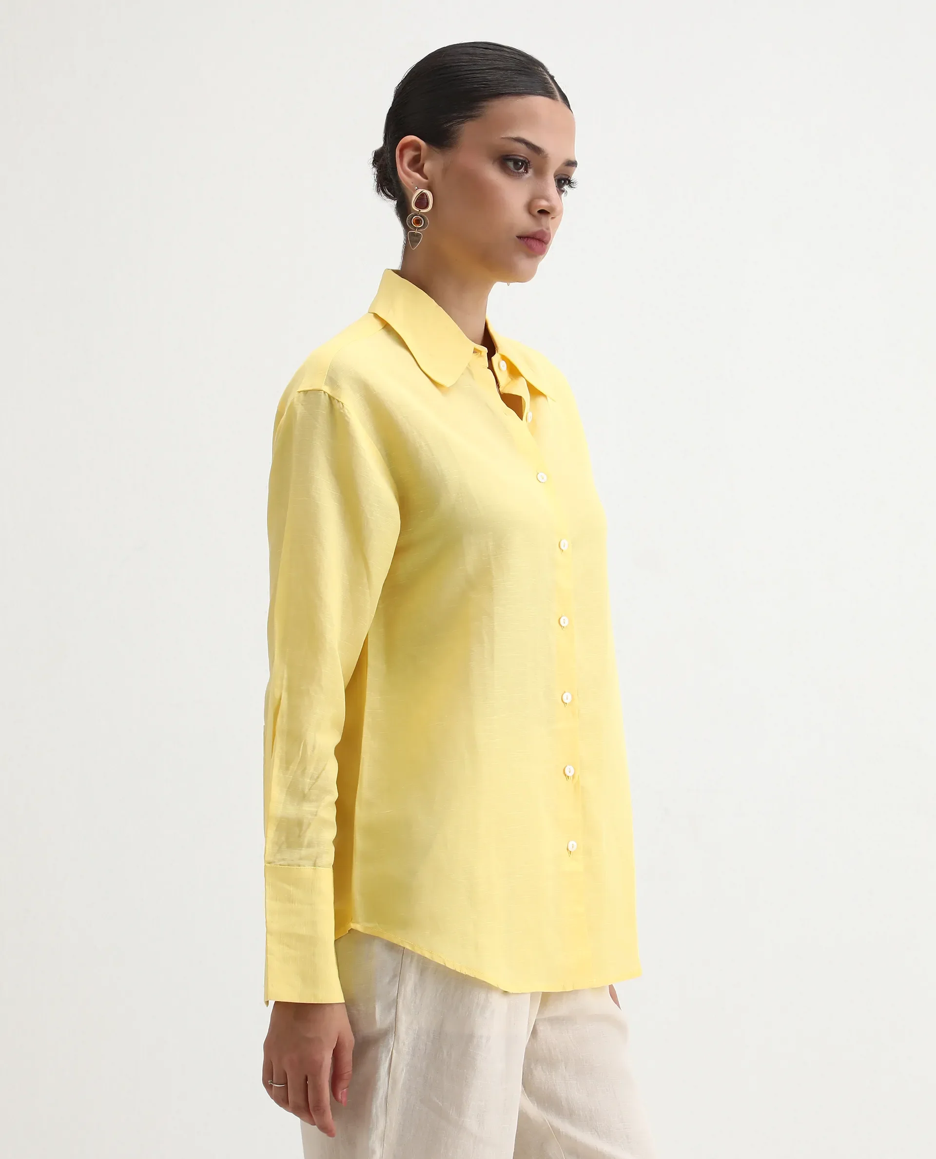 Rareism Women's Harper Yellow Linen Spread Collar Plain Regular Fit Shirt - Image 5