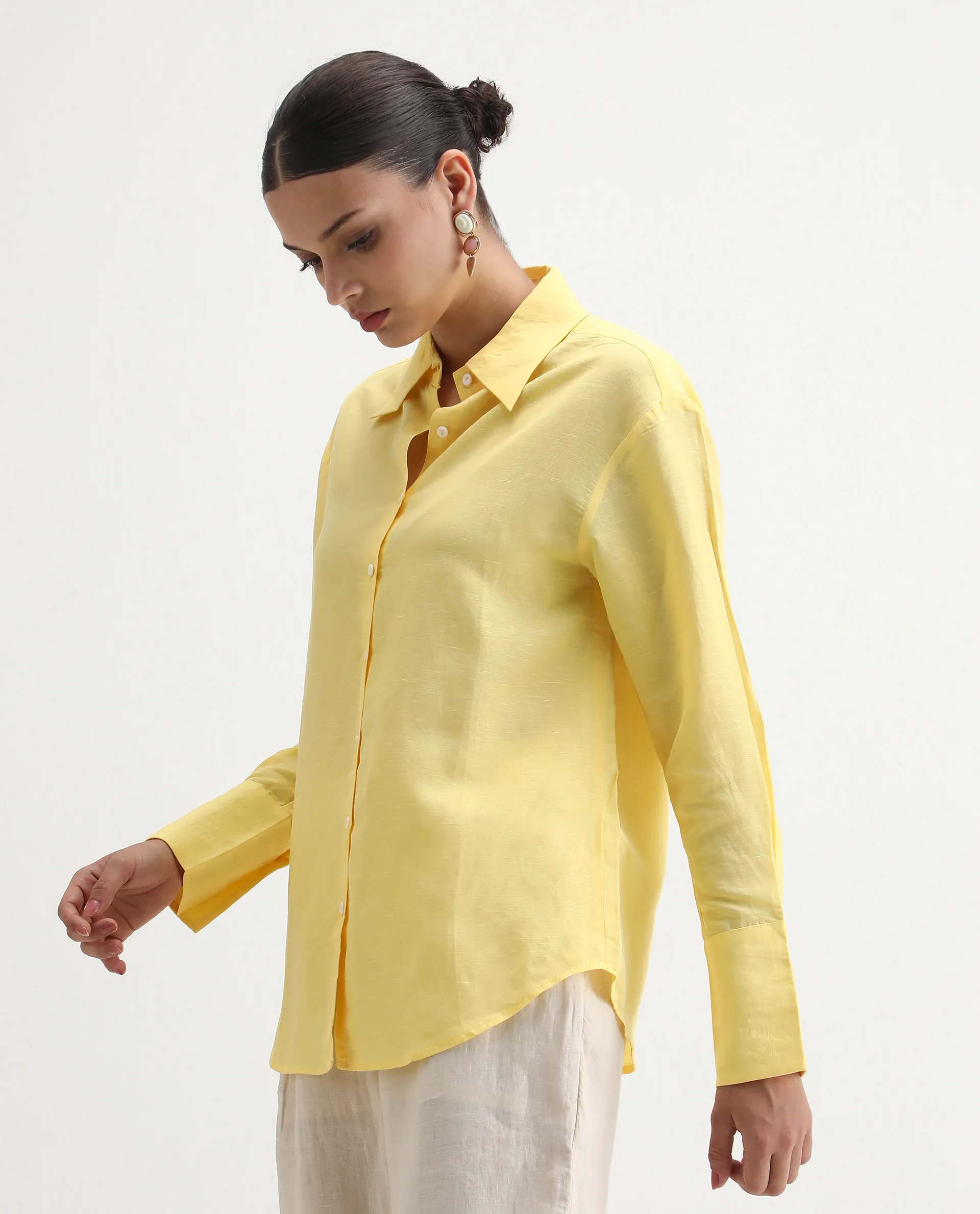 Rareism Women's Harper Yellow Linen Spread Collar Plain Regular Fit Shirt - Image 6