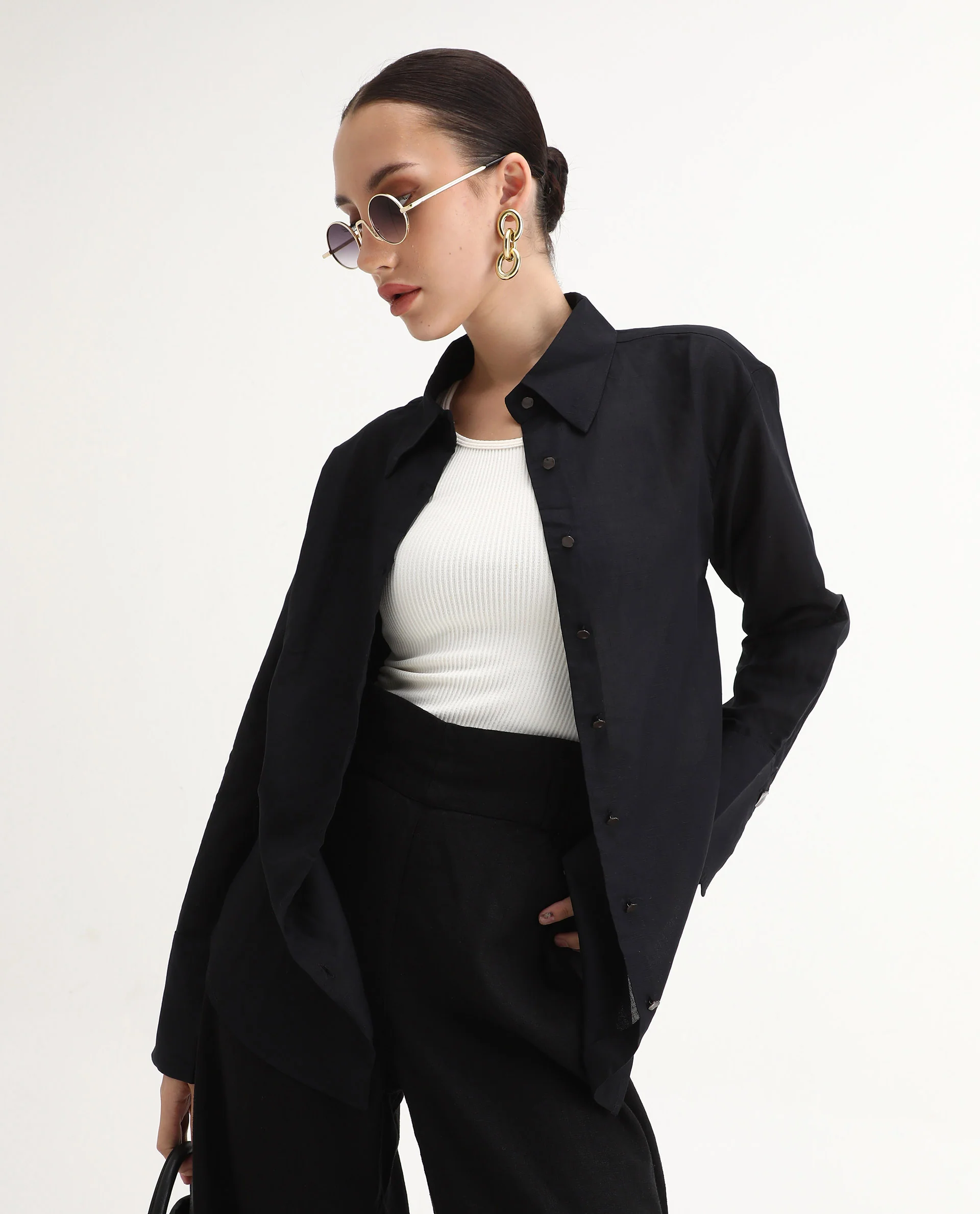 Rareism Women's Harper Black Linen Spread Collar Plain Regular Fit Top