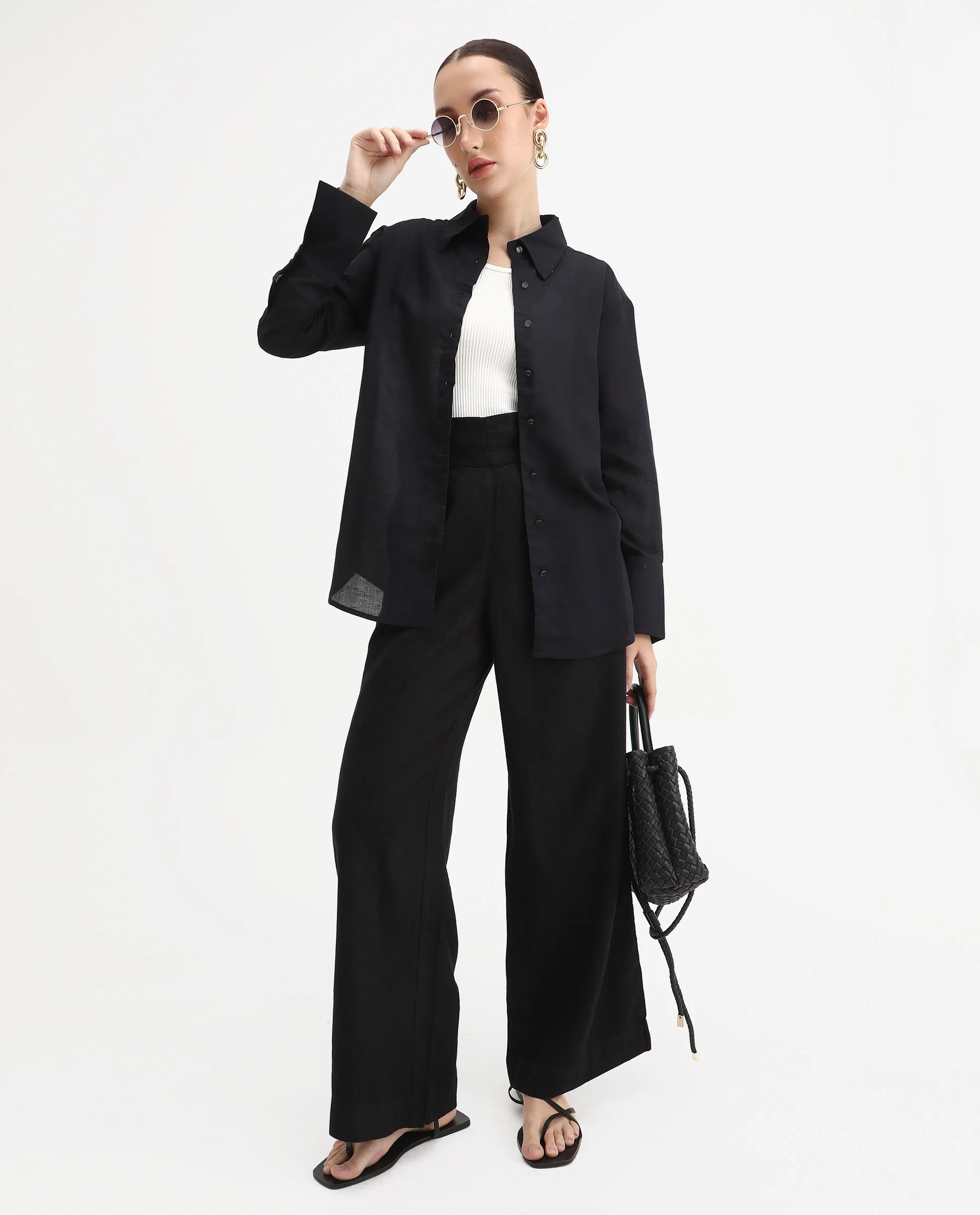 Rareism Women's Harper Black Linen Spread Collar Plain Regular Fit Top - Image 2