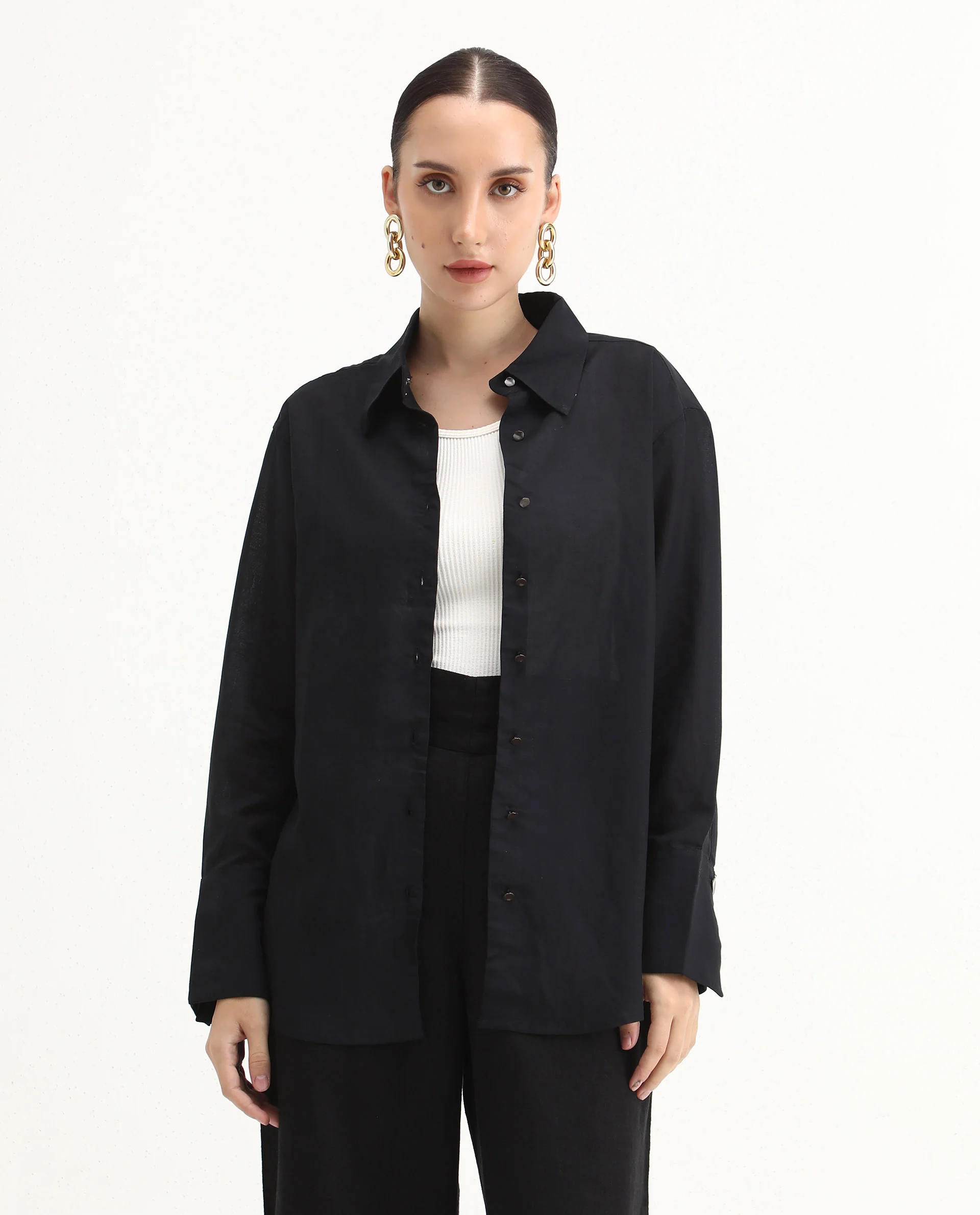 Rareism Women's Harper Black Linen Spread Collar Plain Regular Fit Top - Image 3