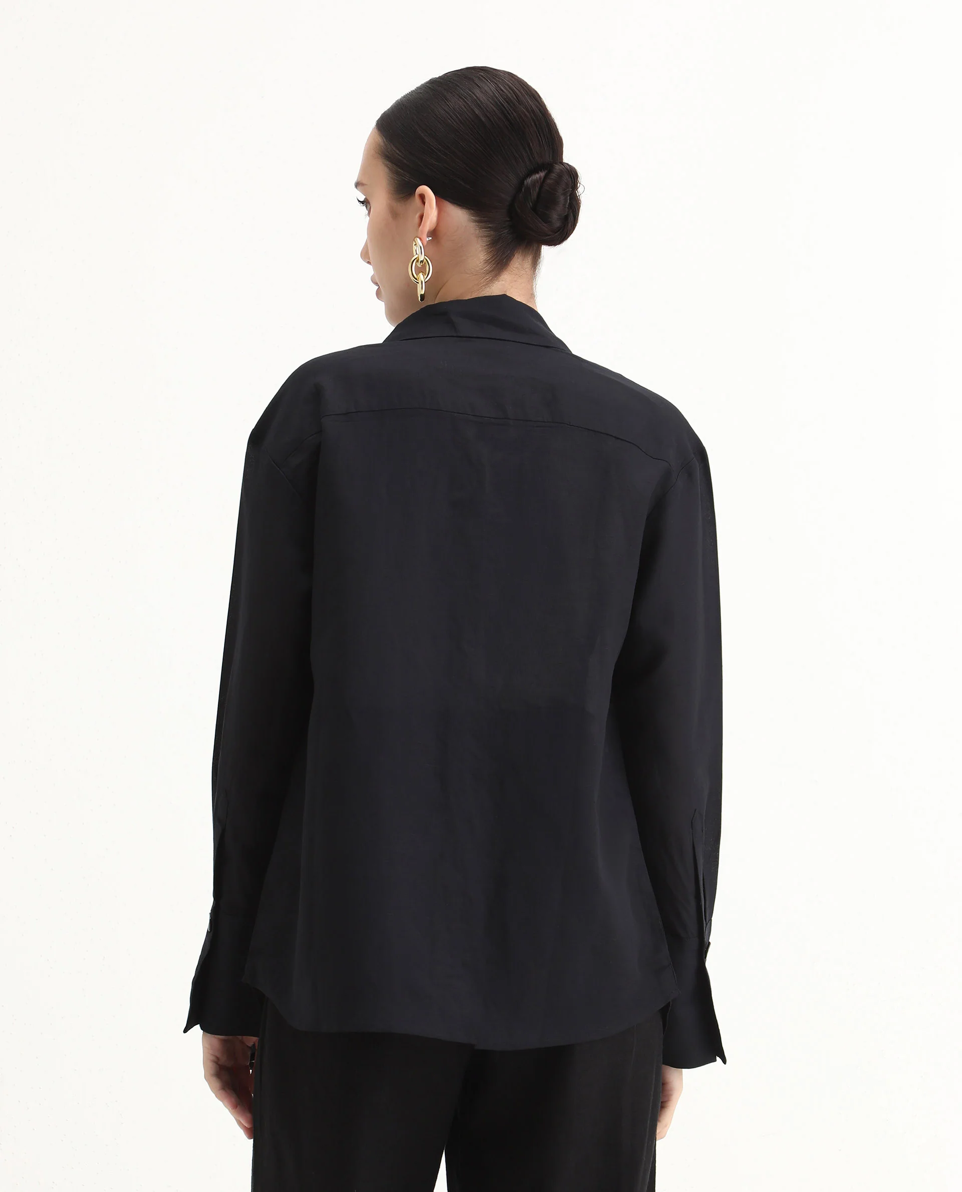 Rareism Women's Harper Black Linen Spread Collar Plain Regular Fit Top - Image 6
