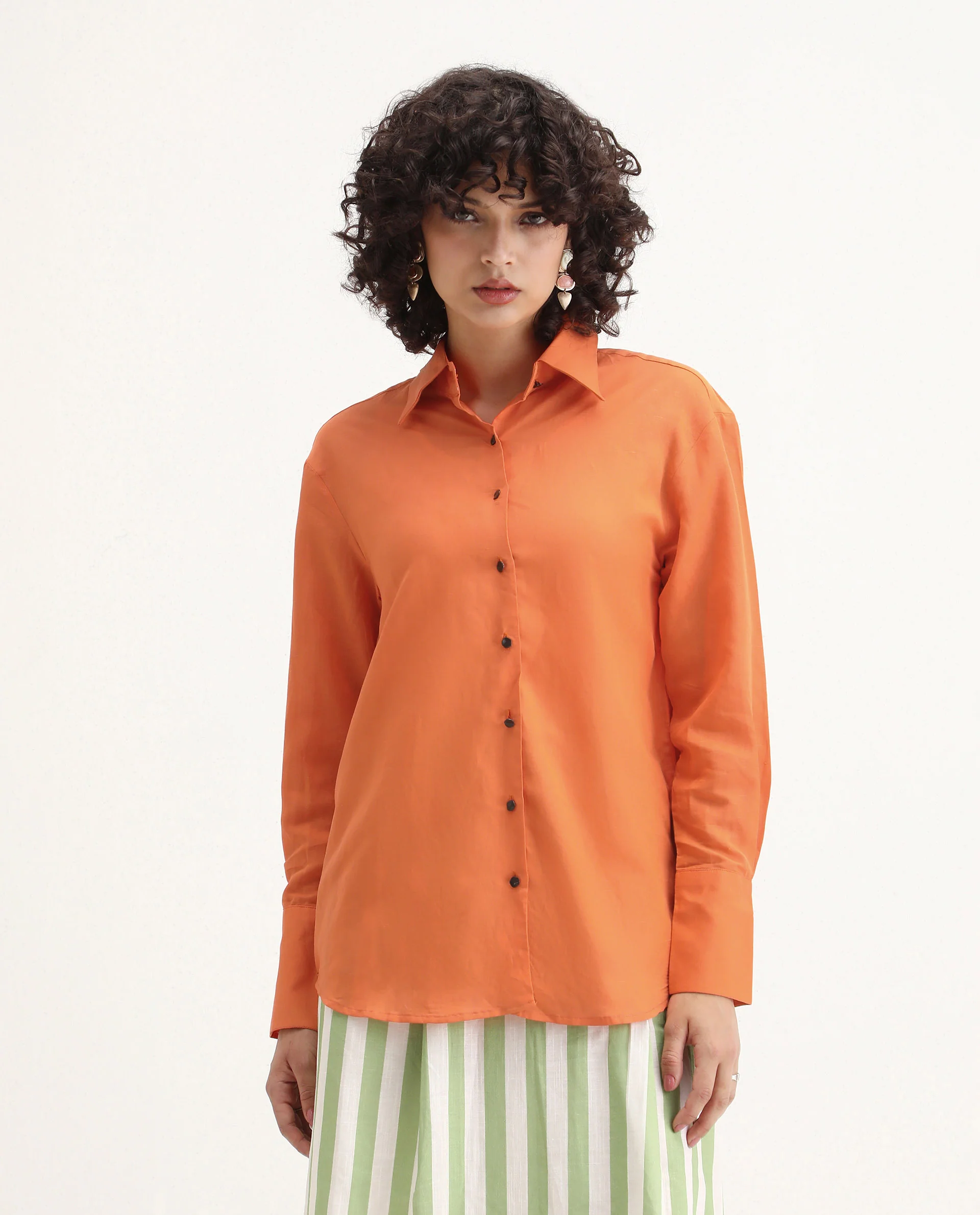 Rareism Women's Harper Orange Linen Spread Collar Plain Regular Fit Top - Image 3