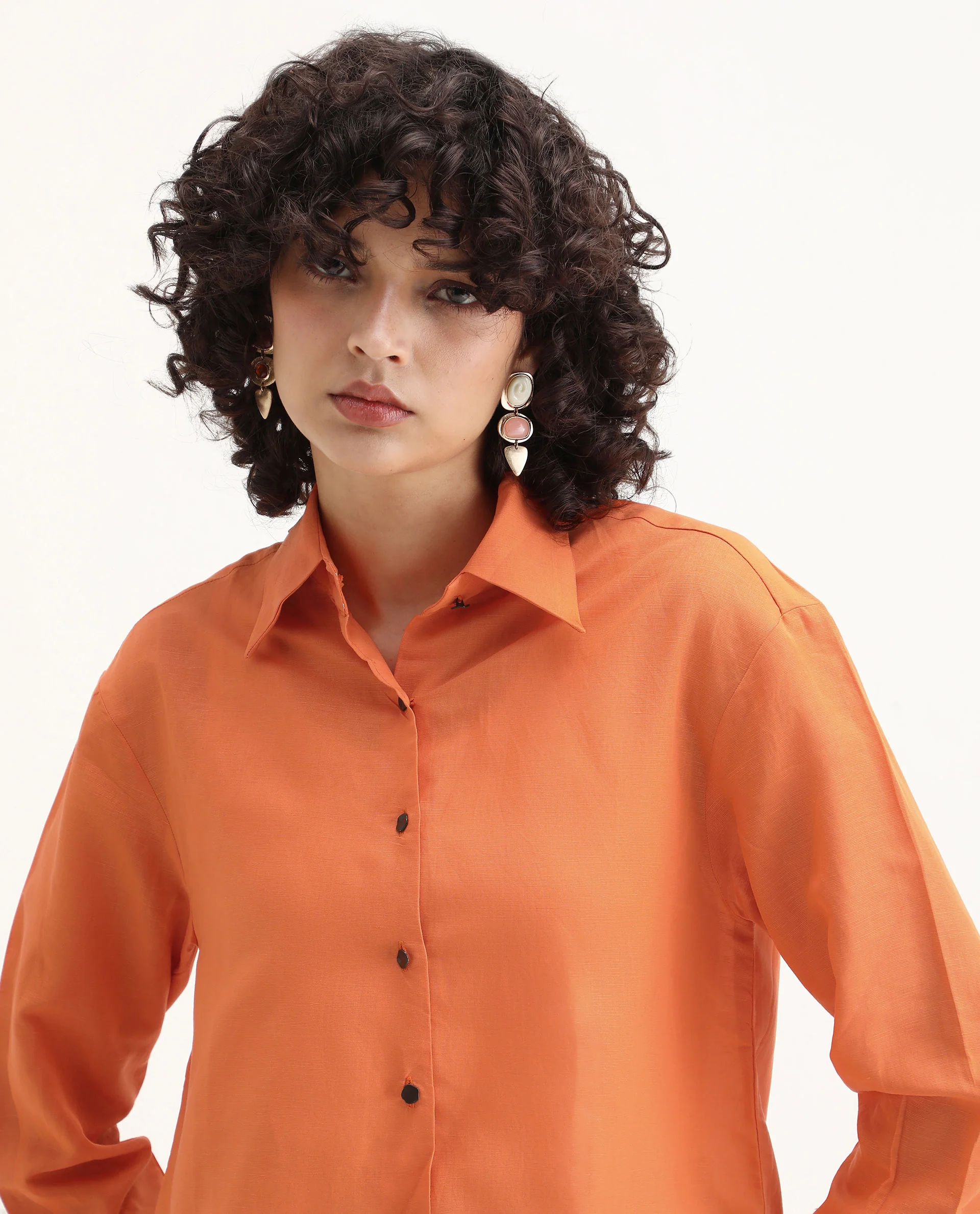 Rareism Women's Harper Orange Linen Spread Collar Plain Regular Fit Top - Image 4