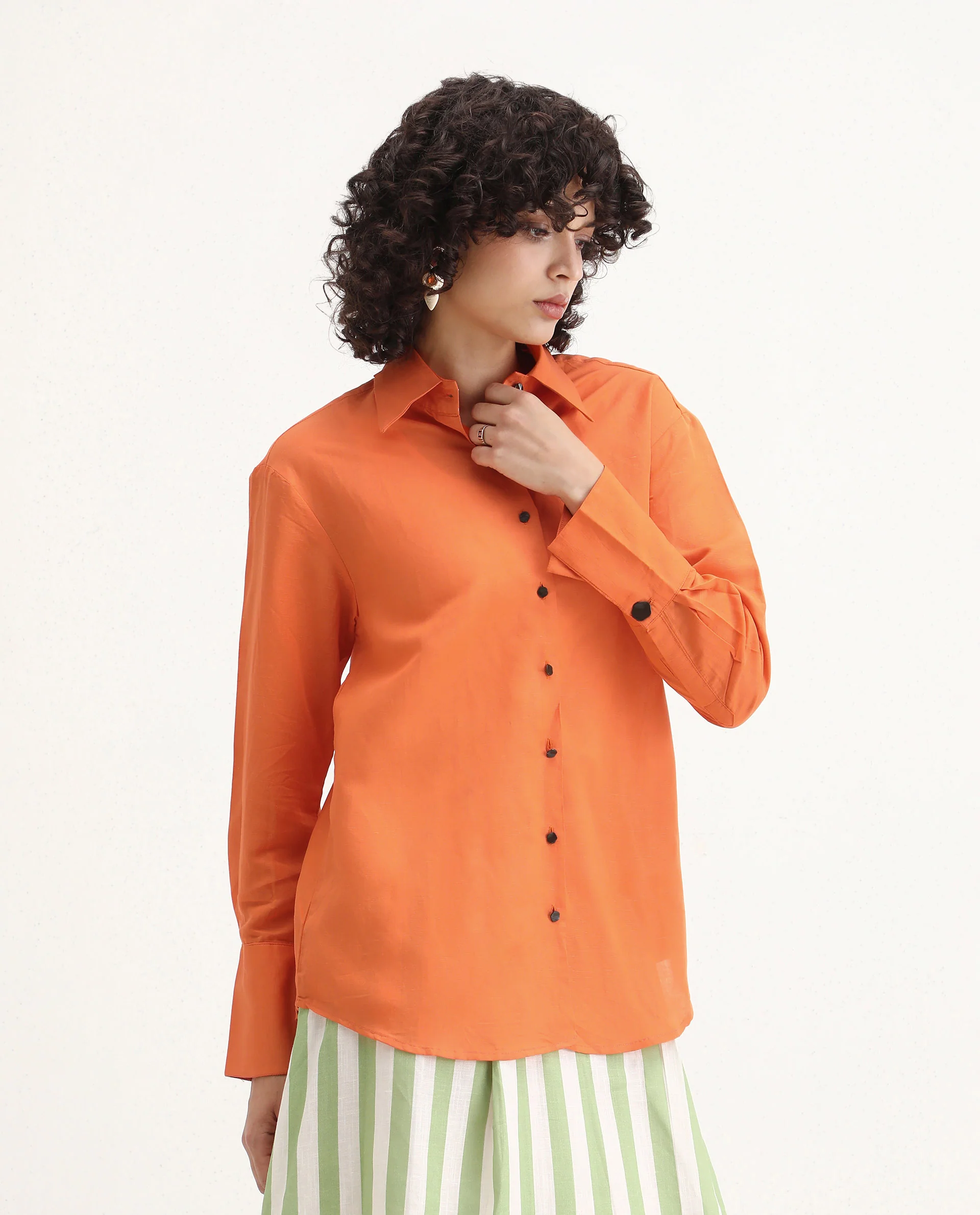 Rareism Women's Harper Orange Linen Spread Collar Plain Regular Fit Top - Image 5