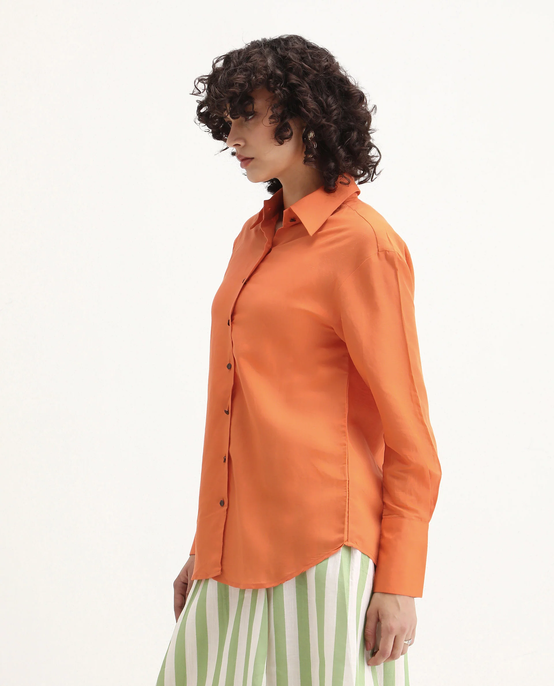 Rareism Women's Harper Orange Linen Spread Collar Plain Regular Fit Top - Image 7
