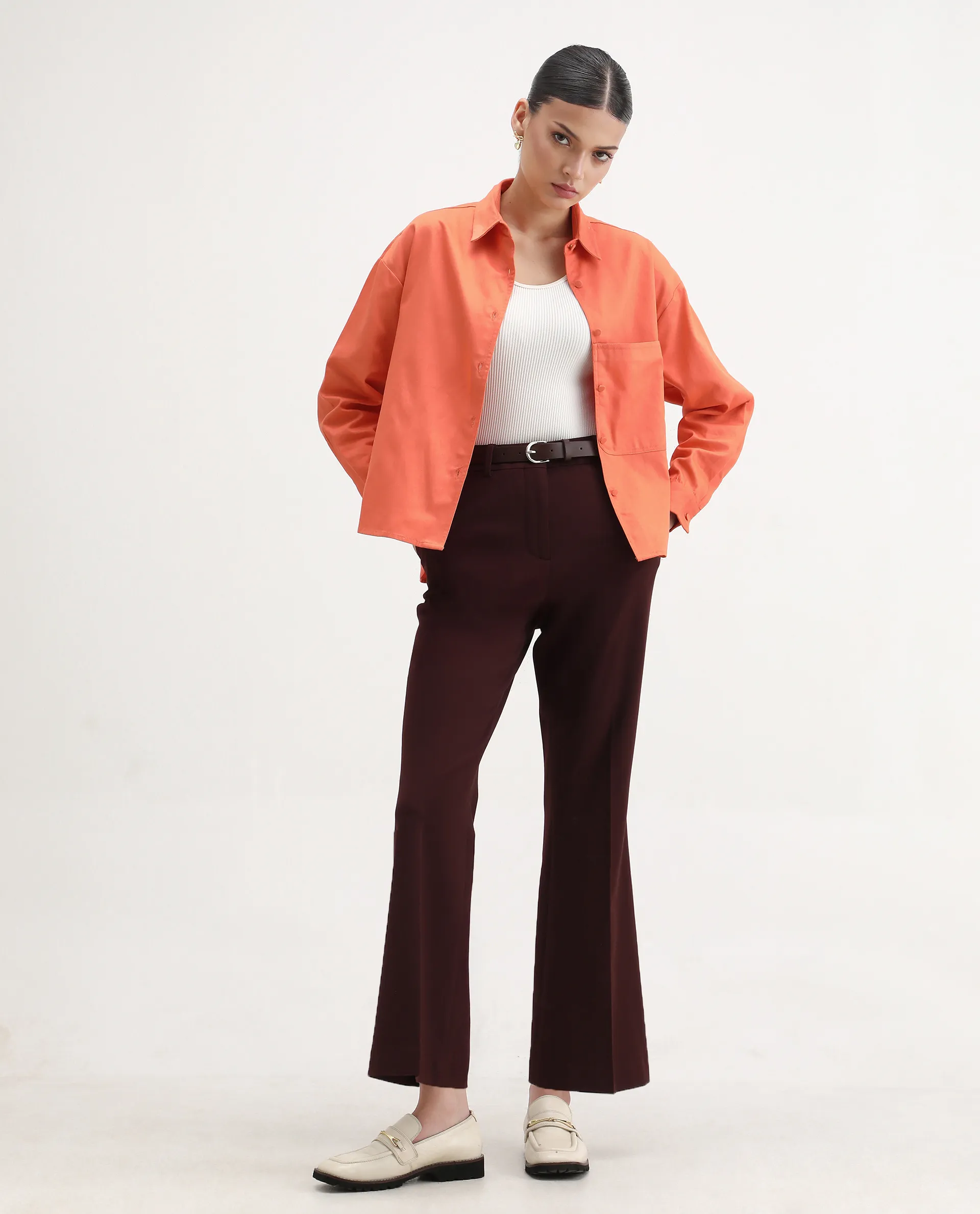 Rareism Women's Harrila Orange Cotton Drop Collar Plain Cuffed Sleeve Regular Fit Shirt - Image 2