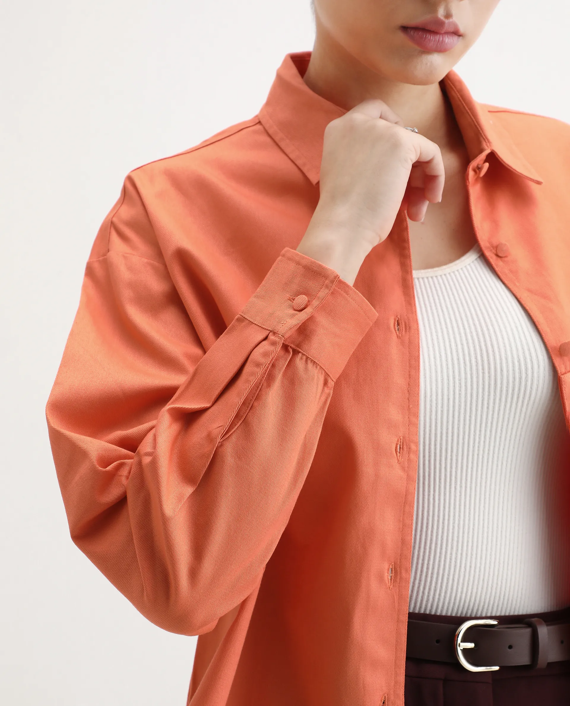 Rareism Women's Harrila Orange Cotton Drop Collar Plain Cuffed Sleeve Regular Fit Shirt - Image 3