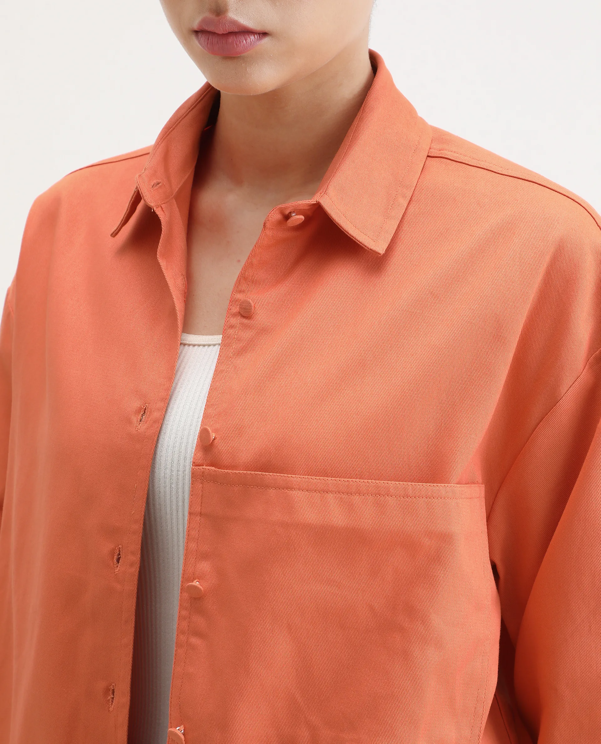 Rareism Women's Harrila Orange Cotton Drop Collar Plain Cuffed Sleeve Regular Fit Shirt - Image 4