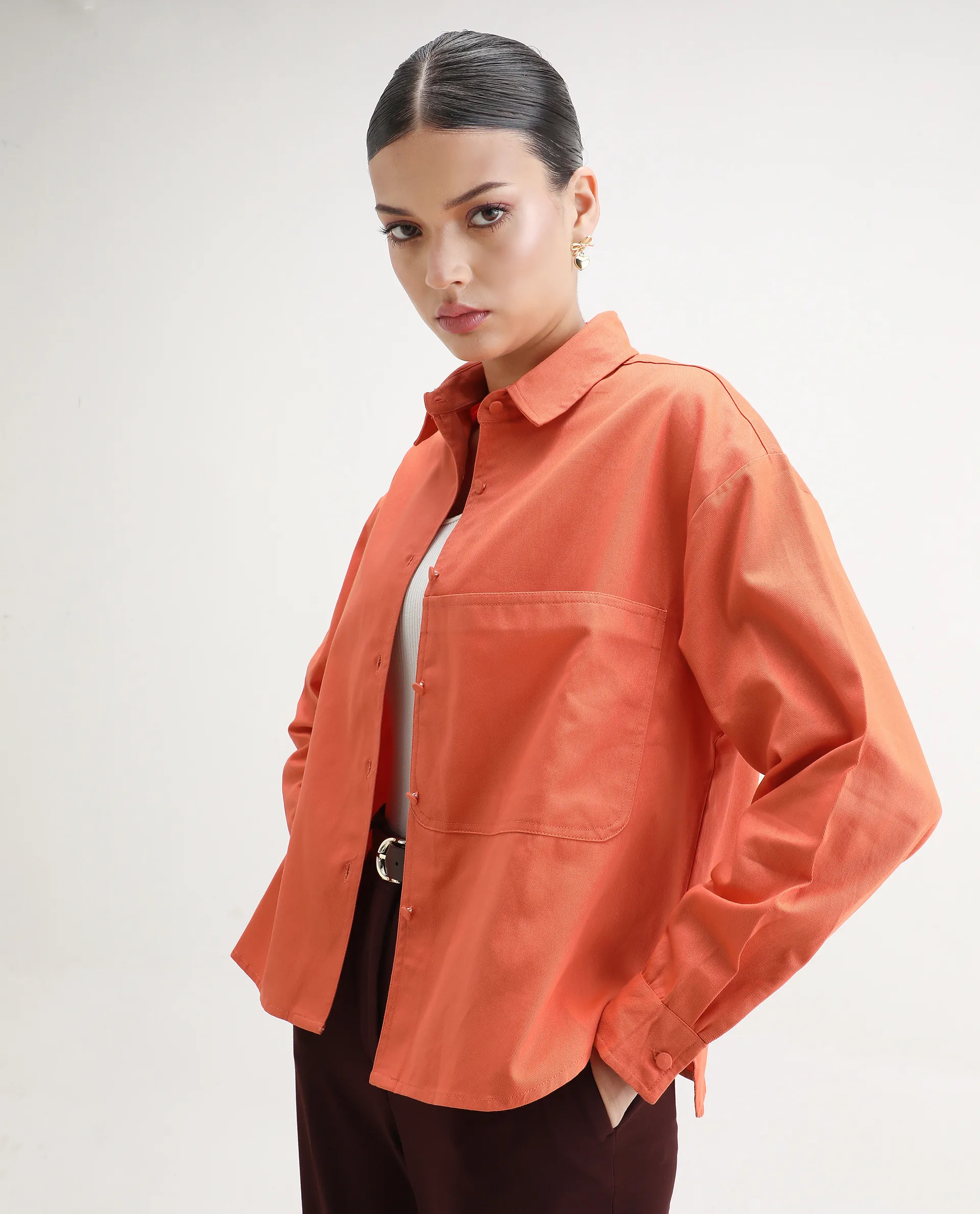 Rareism Women's Harrila Orange Cotton Drop Collar Plain Cuffed Sleeve Regular Fit Shirt - Image 5