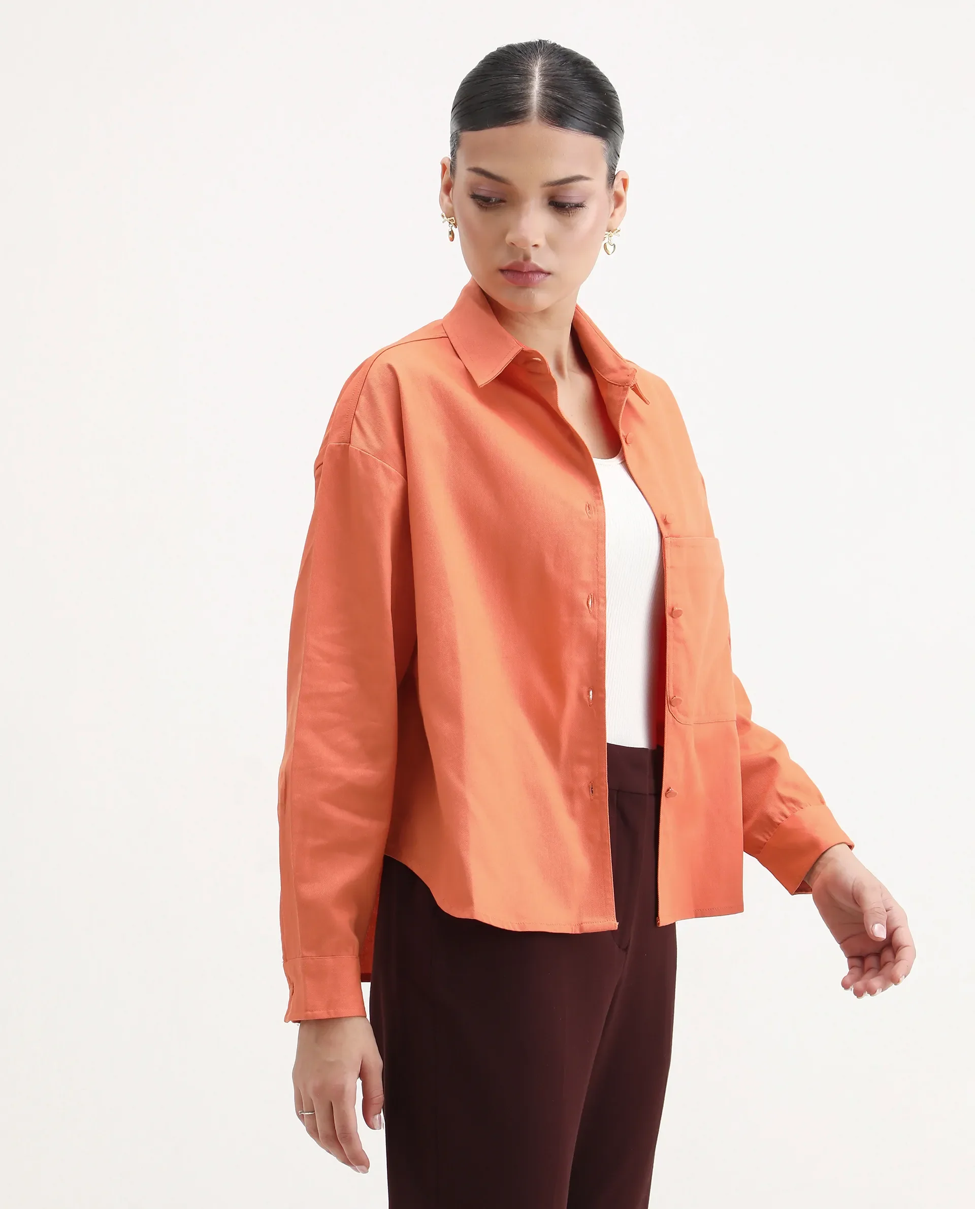 Rareism Women's Harrila Orange Cotton Drop Collar Plain Cuffed Sleeve Regular Fit Shirt - Image 6