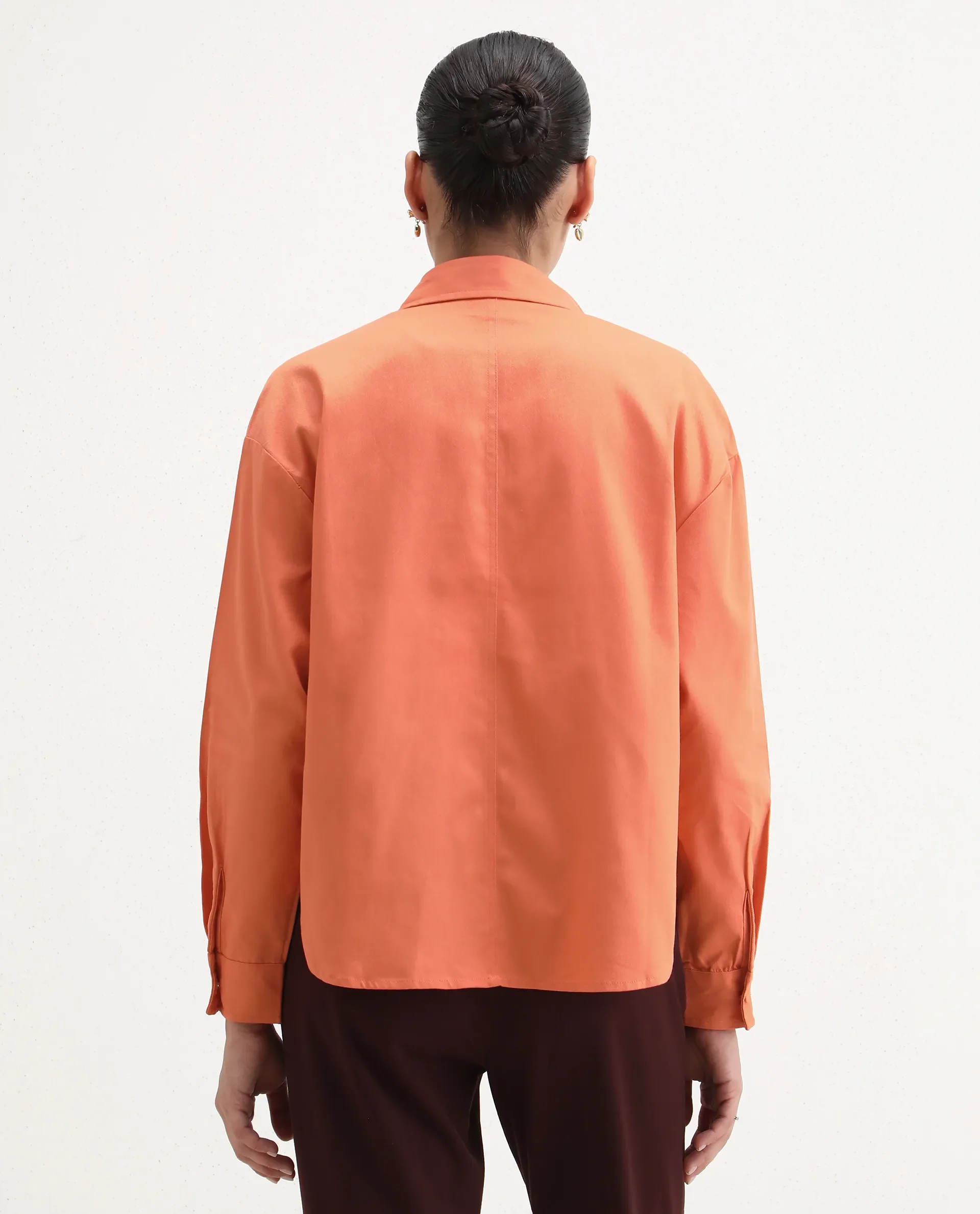 Rareism Women's Harrila Orange Cotton Drop Collar Plain Cuffed Sleeve Regular Fit Shirt - Image 7