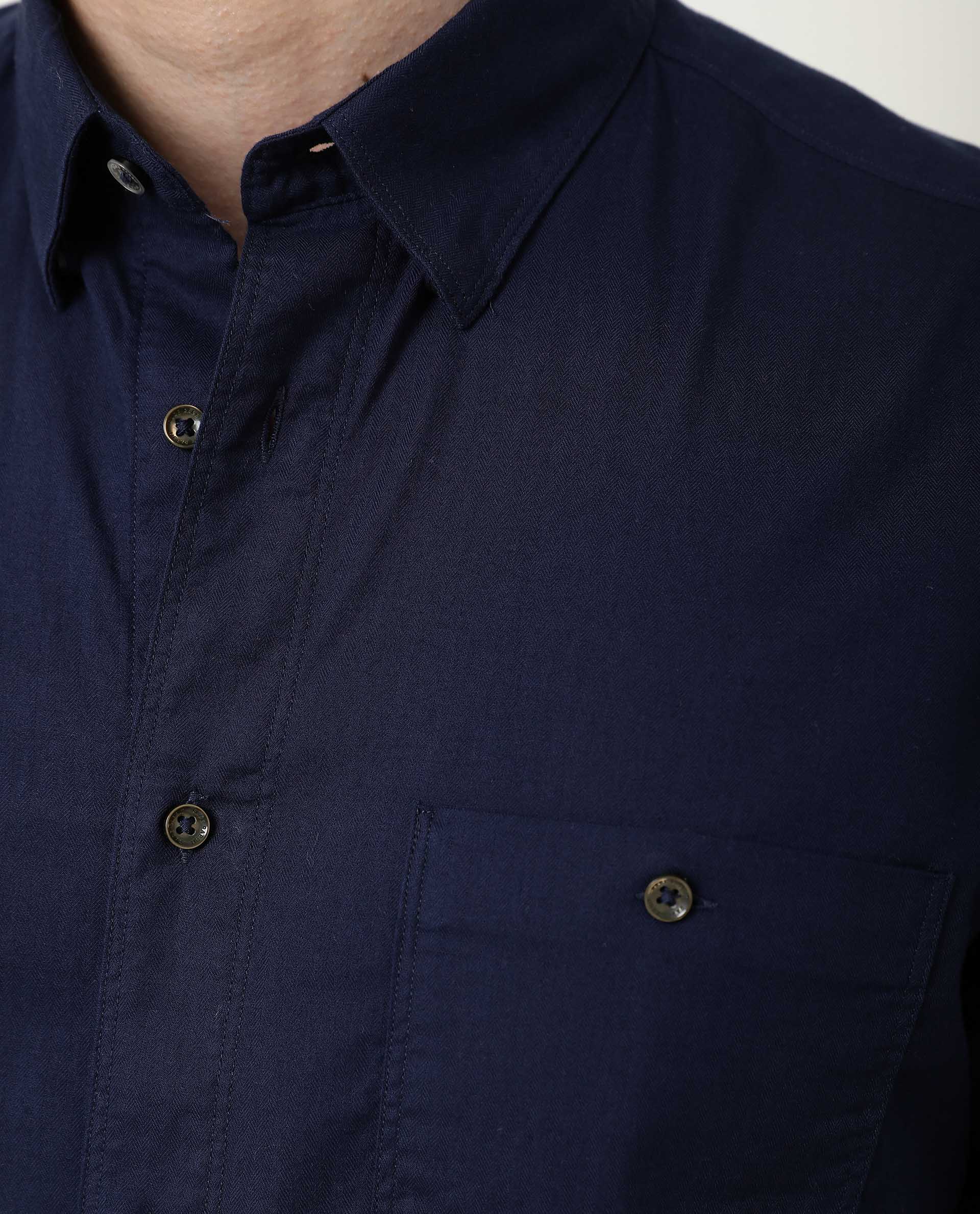Rare Rabbit Men's Harrinbone Navy Cotton Plain Regular Fit Full Sleeve Spread Collar Shirt - Image 2
