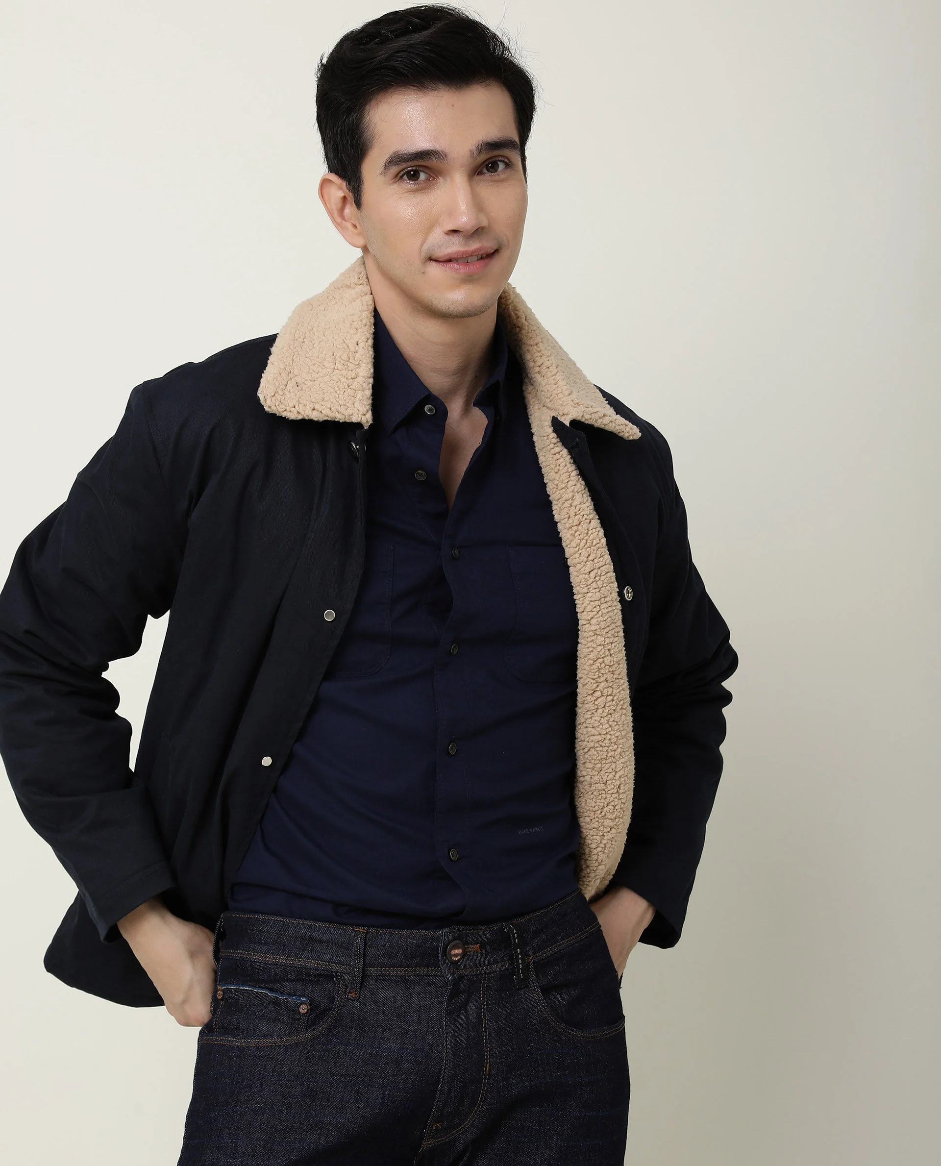Rare Rabbit Men's Harrinbone Navy Cotton Plain Regular Fit Full Sleeve Spread Collar Shirt - Image 4