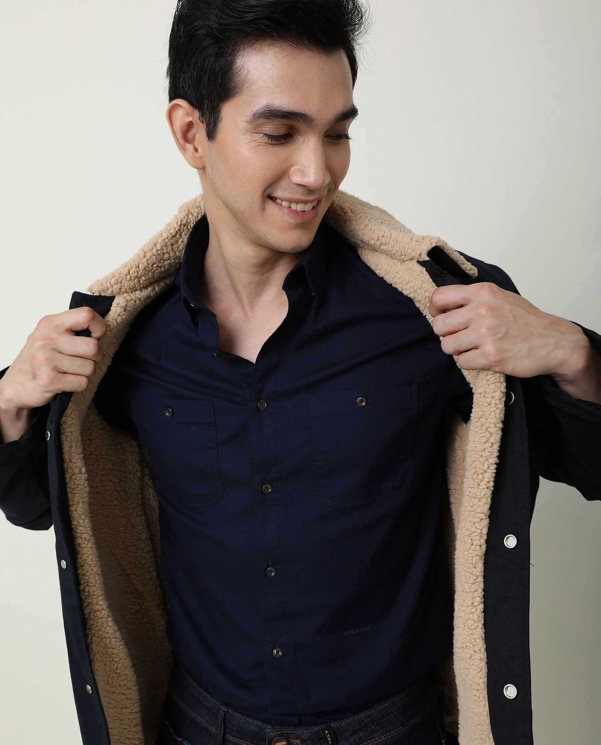 Rare Rabbit Men's Harrinbone Navy Cotton Plain Regular Fit Full Sleeve Spread Collar Shirt - Image 5