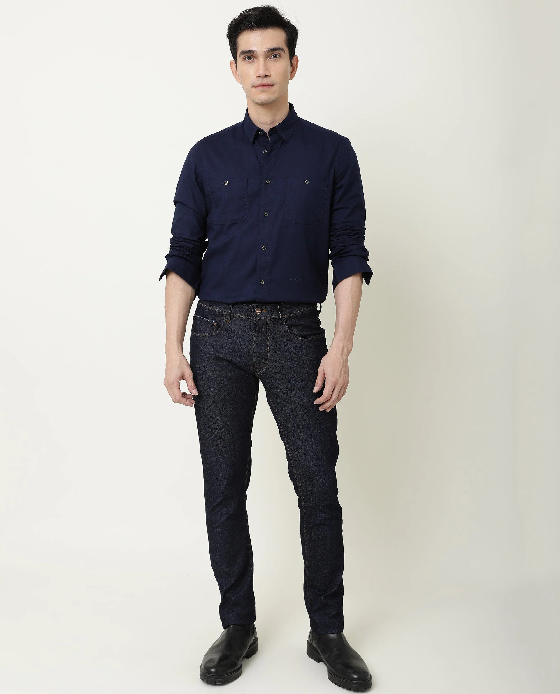 Rare Rabbit Men's Harrinbone Navy Cotton Plain Regular Fit Full Sleeve Spread Collar Shirt - Image 7