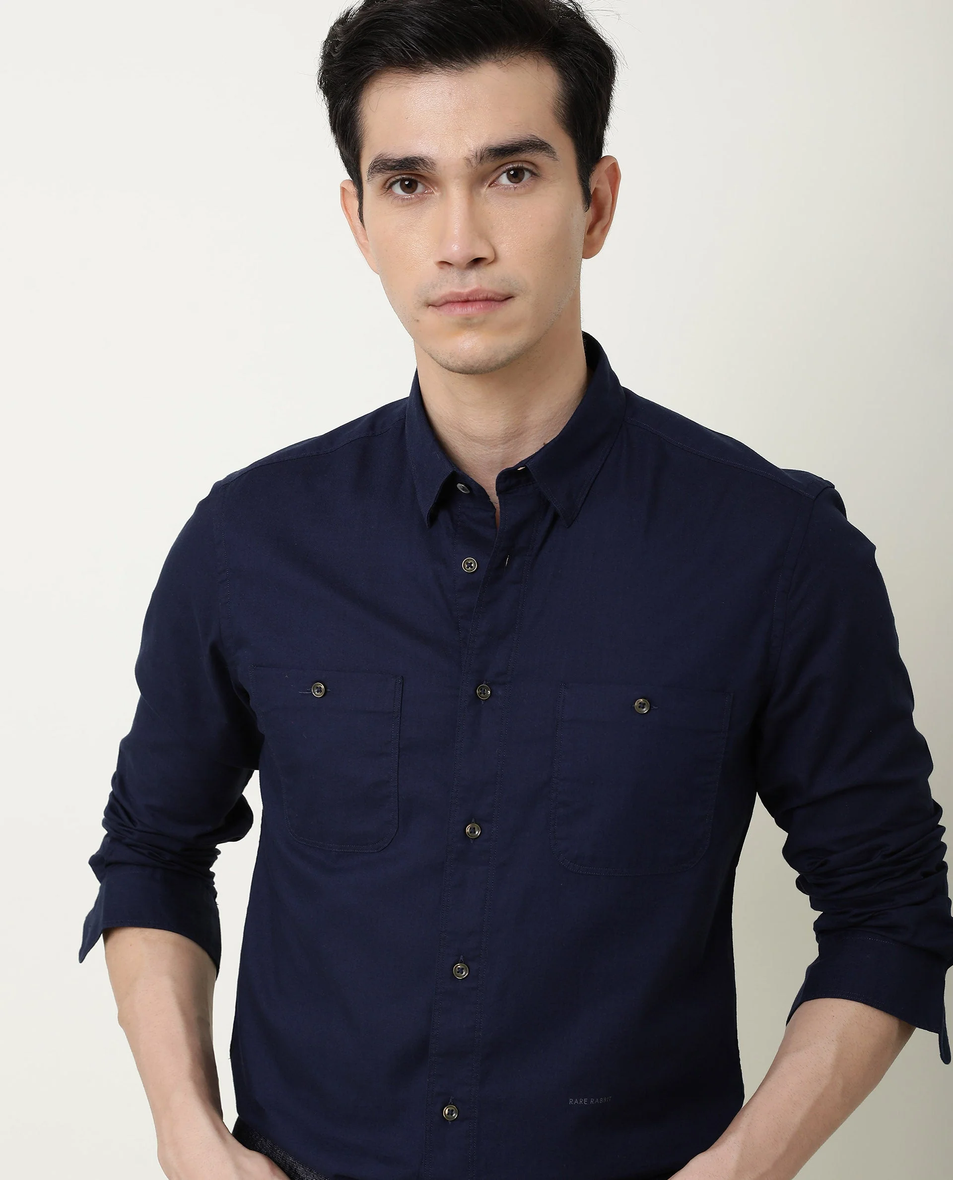 Rare Rabbit Men's Harrinbone Navy Cotton Plain Regular Fit Full Sleeve Spread Collar Shirt - Image 8