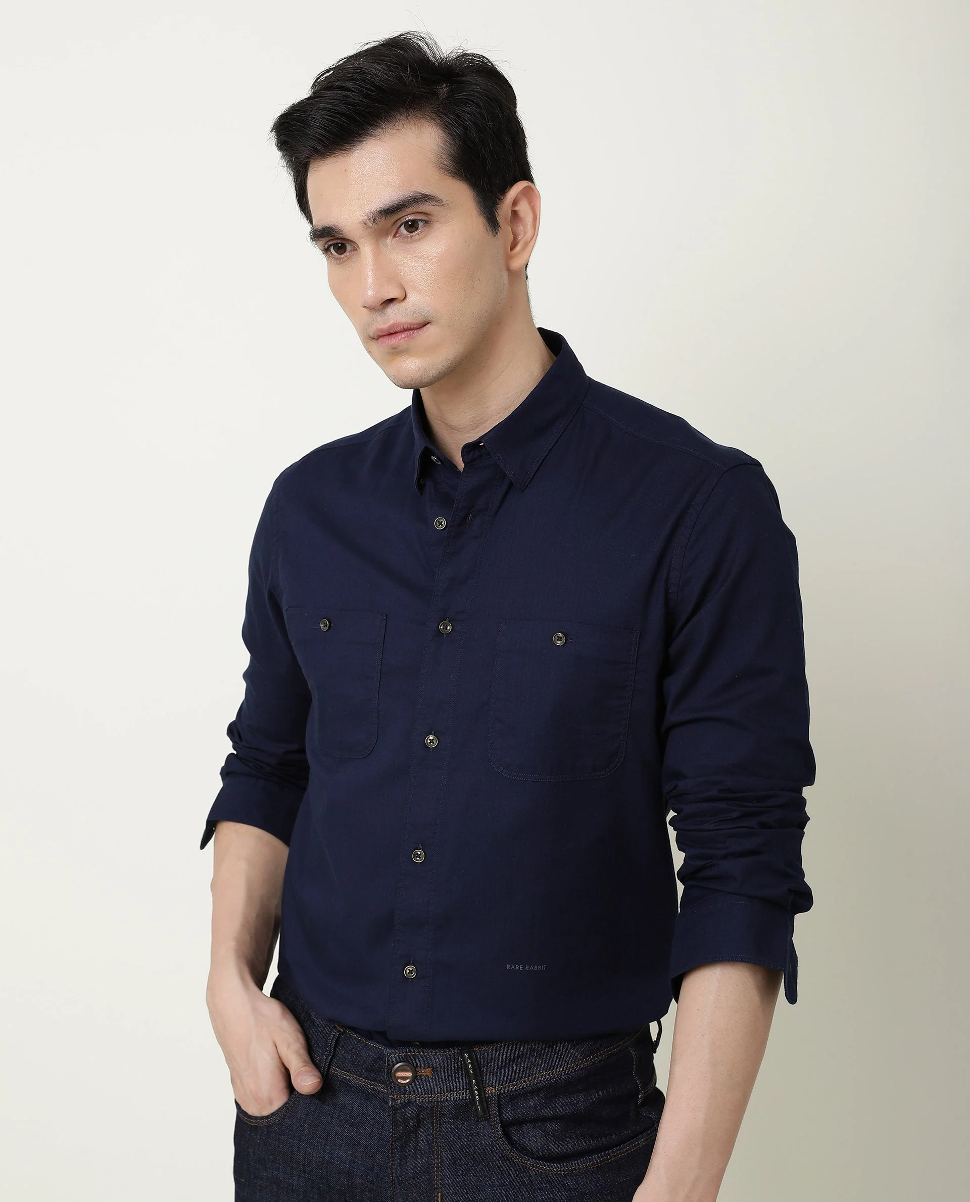 Rare Rabbit Men's Harrinbone Navy Cotton Plain Regular Fit Full Sleeve Spread Collar Shirt - Image 9