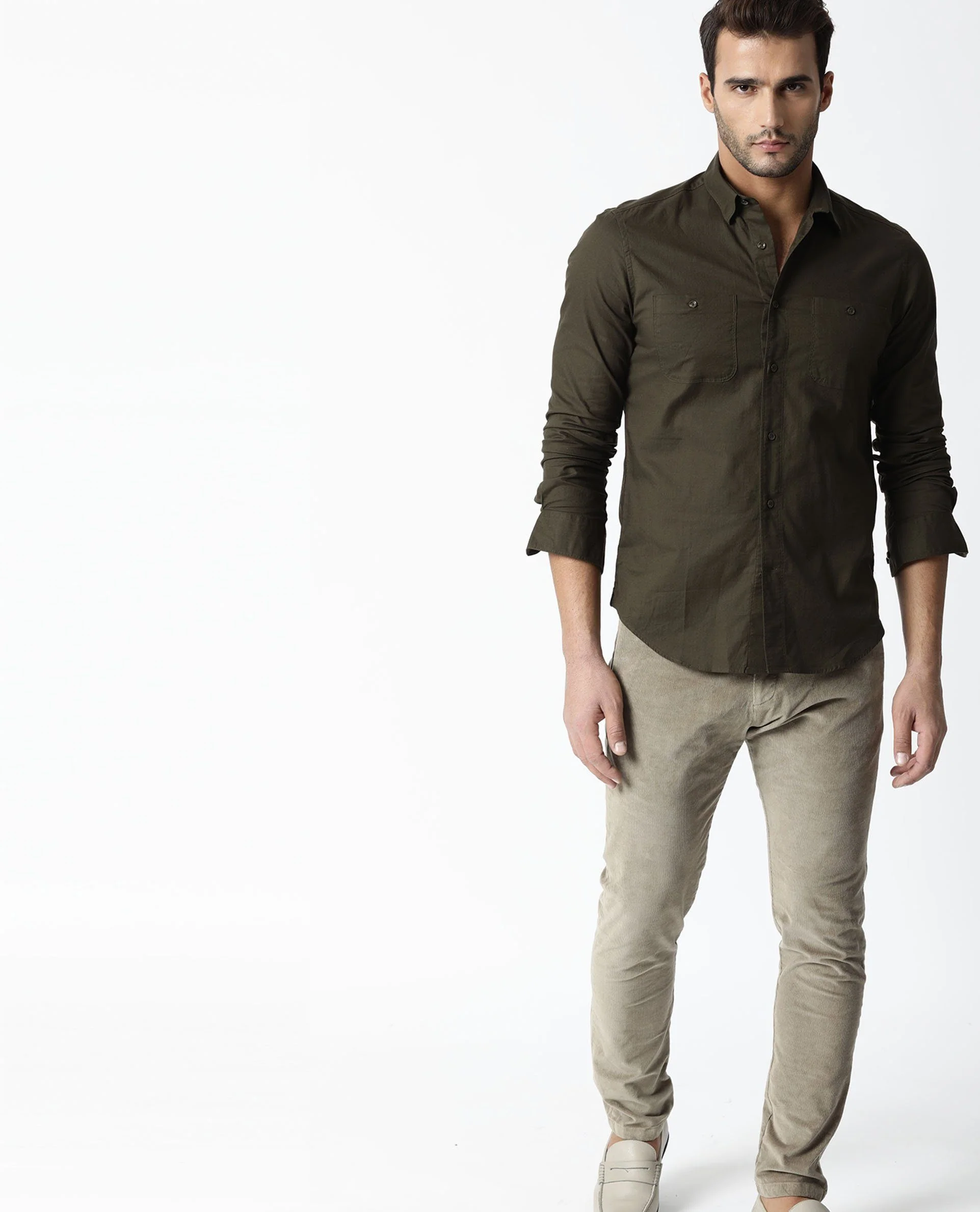 Rare Rabbit Men's Harrinbone Olive Cotton Plain Tailored Fit Full Sleeve Spread Collar Shirt - Image 3