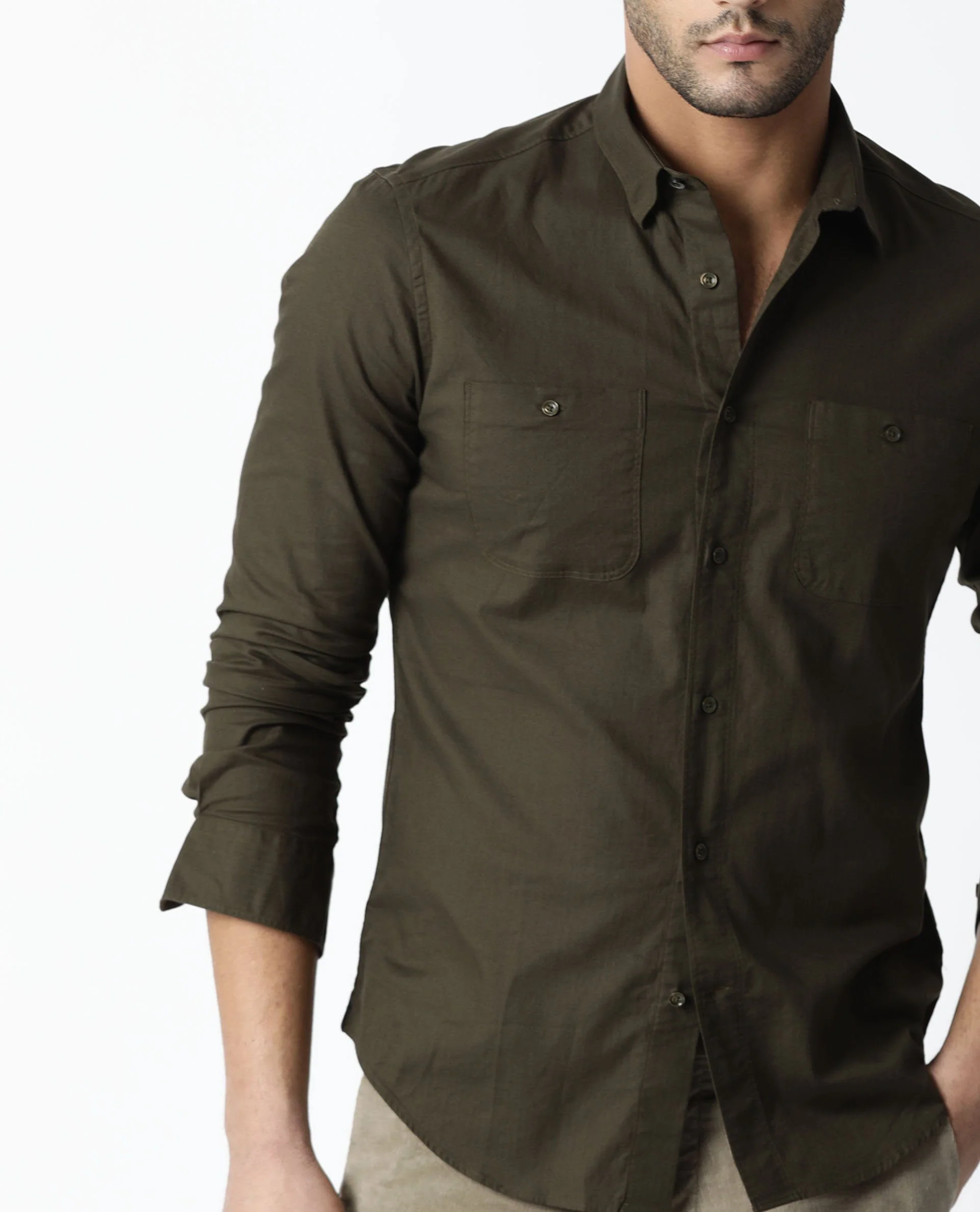 Rare Rabbit Men's Harrinbone Olive Cotton Plain Tailored Fit Full Sleeve Spread Collar Shirt - Image 4