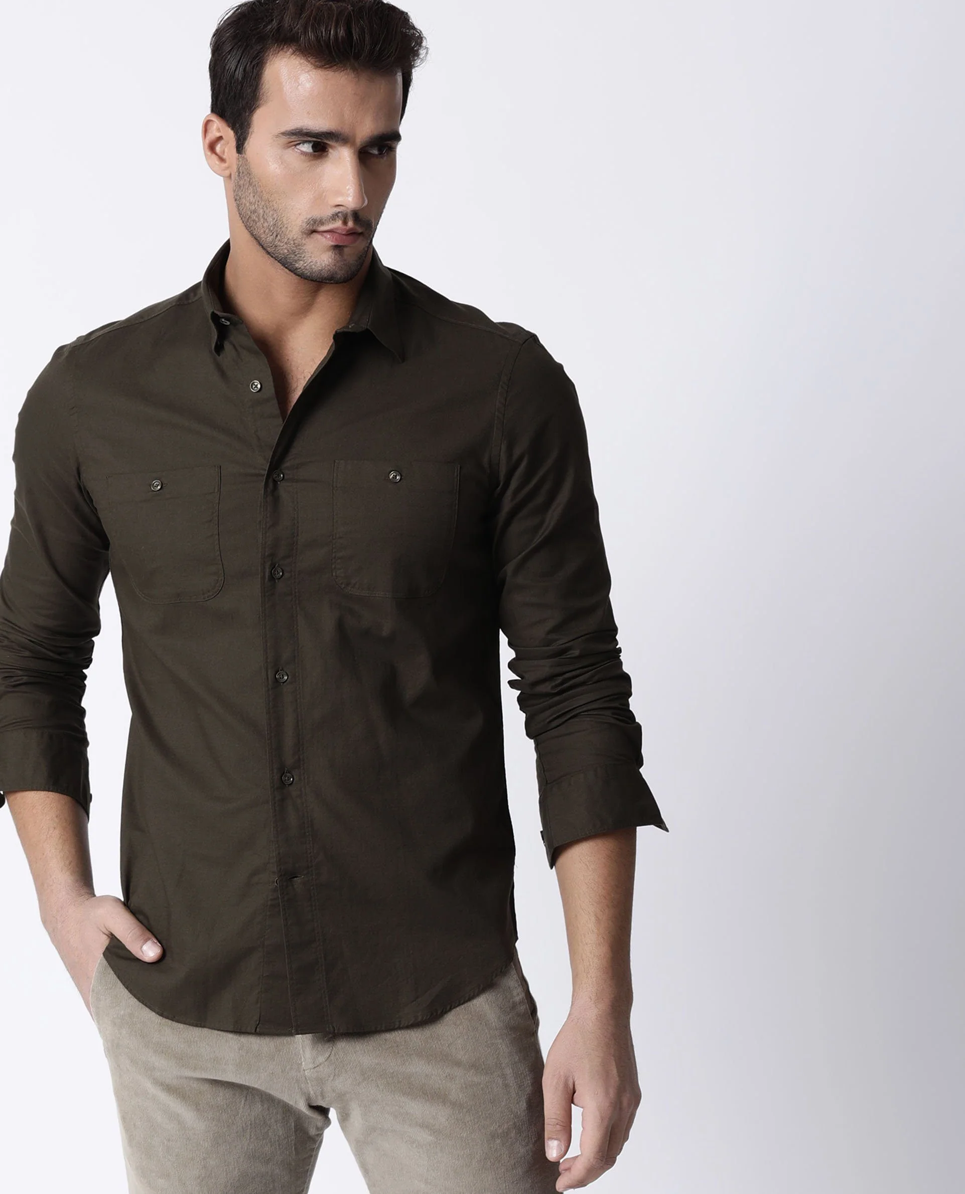 Rare Rabbit Men's Harrinbone Olive Cotton Plain Tailored Fit Full Sleeve Spread Collar Shirt - Image 6