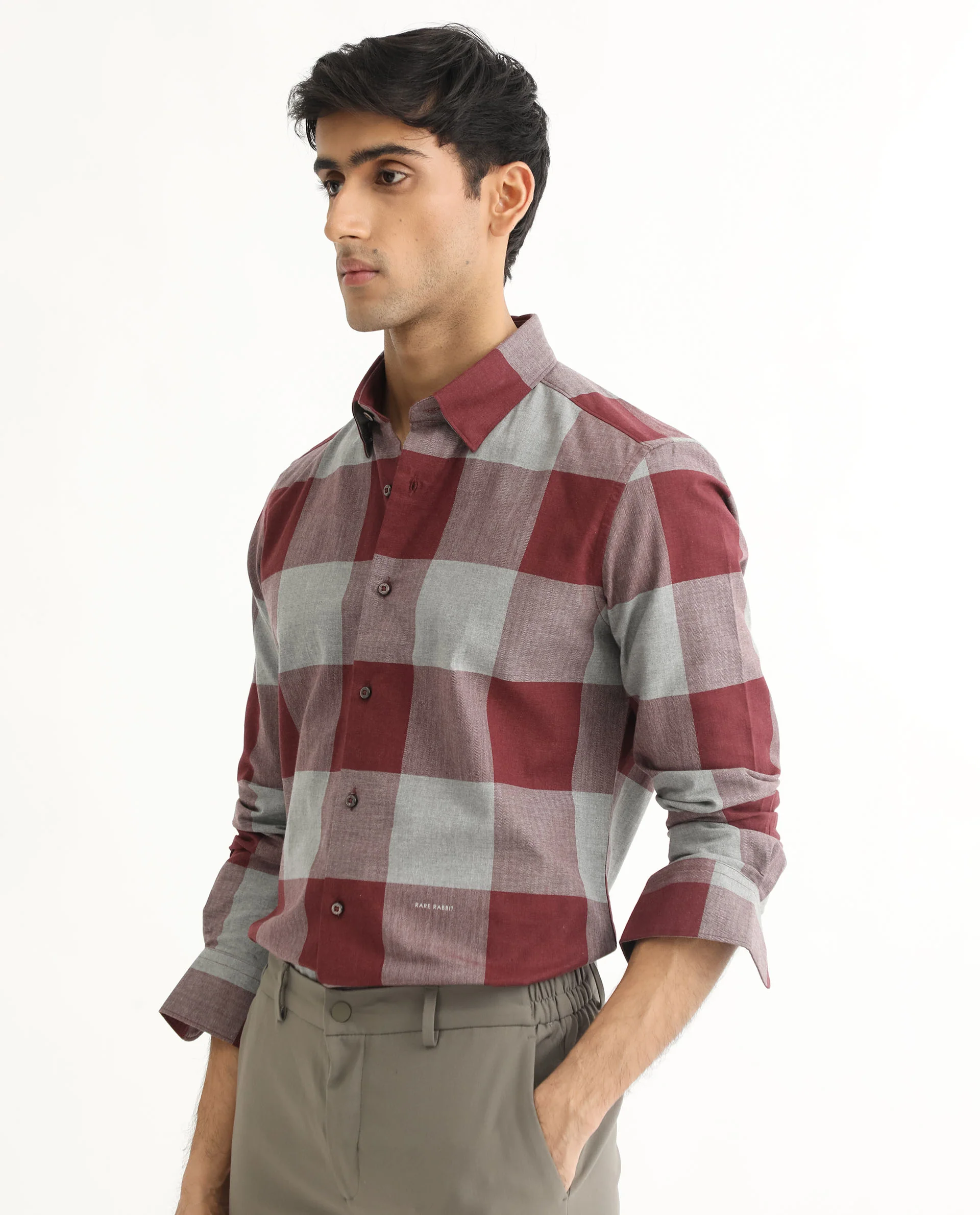 Rare Rabbit Men's Harter Maroon Cotton Checked Print Regular Fit Full Sleeve Collared Shirt - Image 3