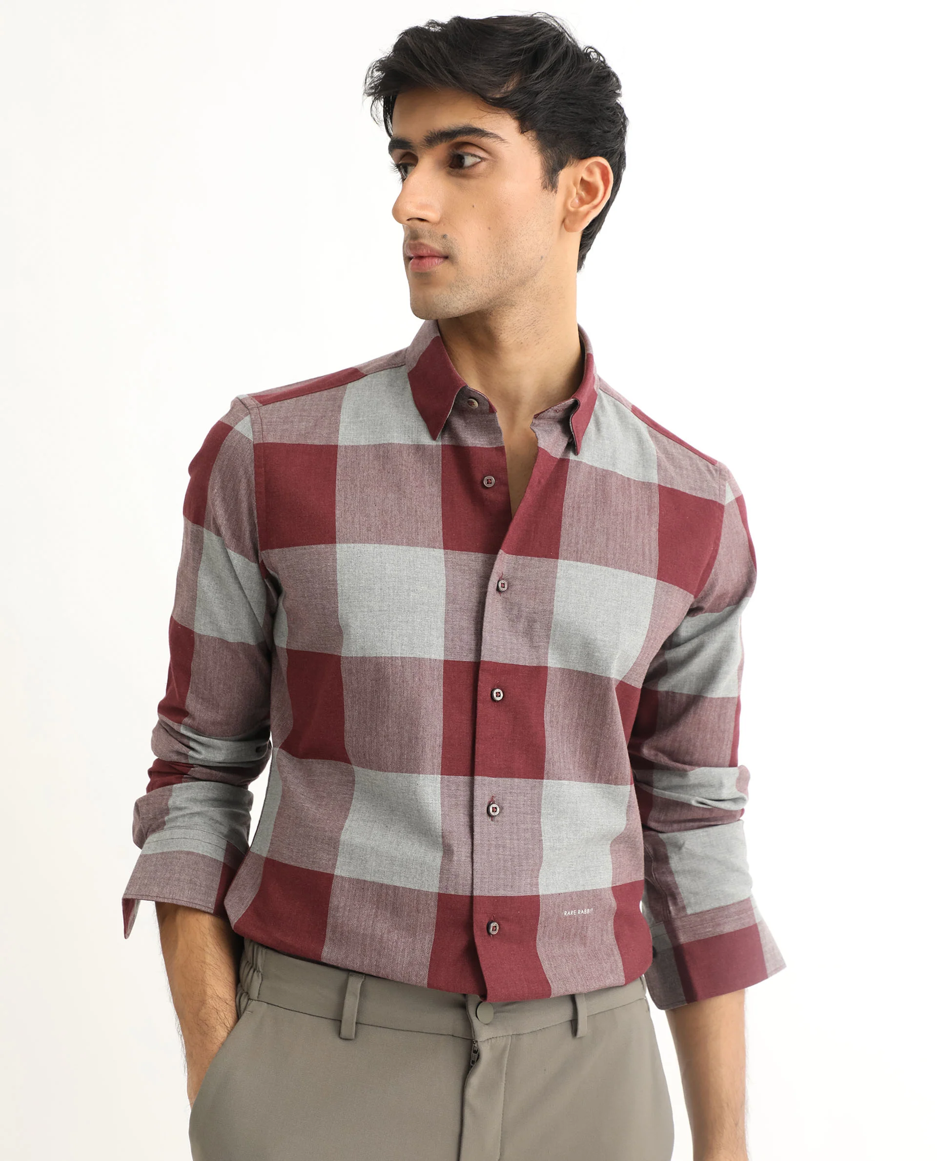 Rare Rabbit Men's Harter Maroon Cotton Checked Print Regular Fit Full Sleeve Collared Shirt - Image 6