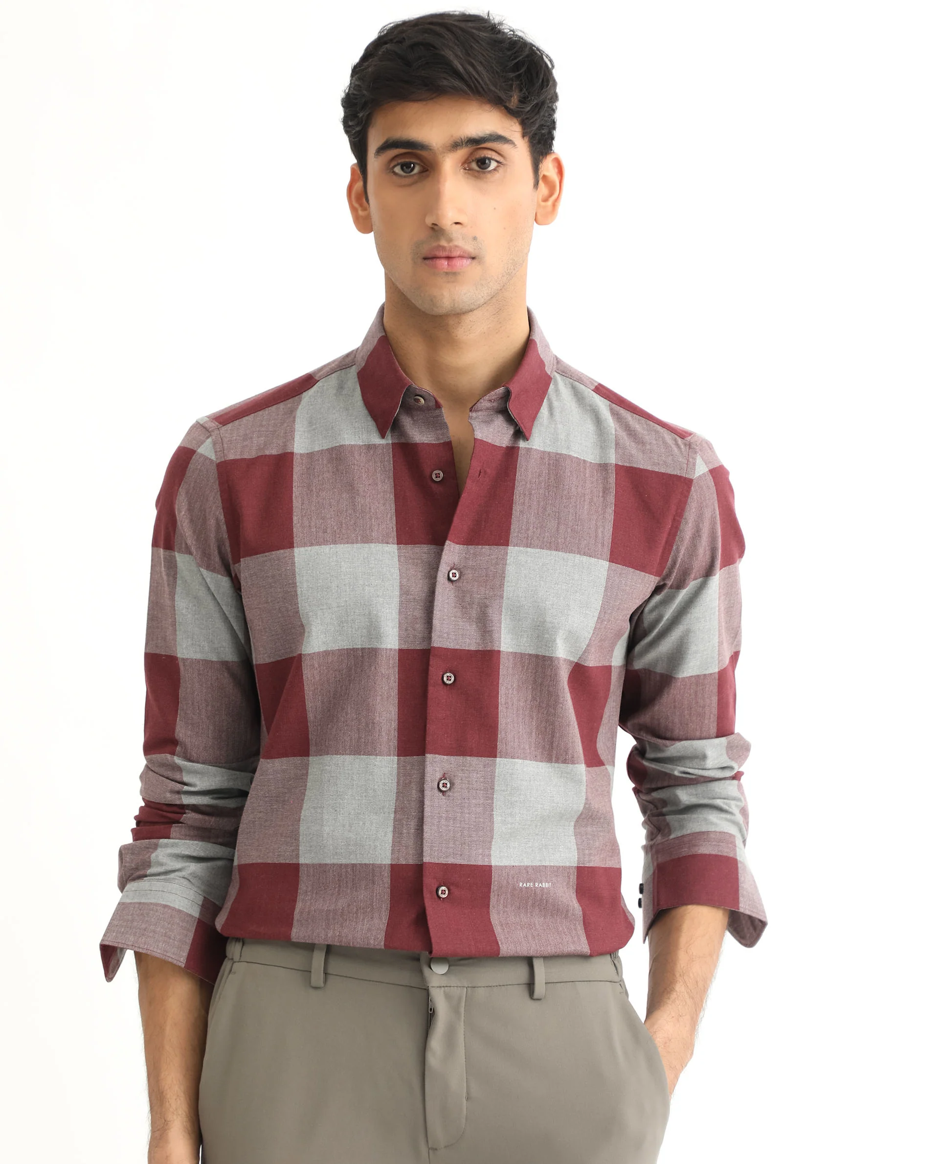 Rare Rabbit Men's Harter Maroon Cotton Checked Print Regular Fit Full Sleeve Collared Shirt - Image 8