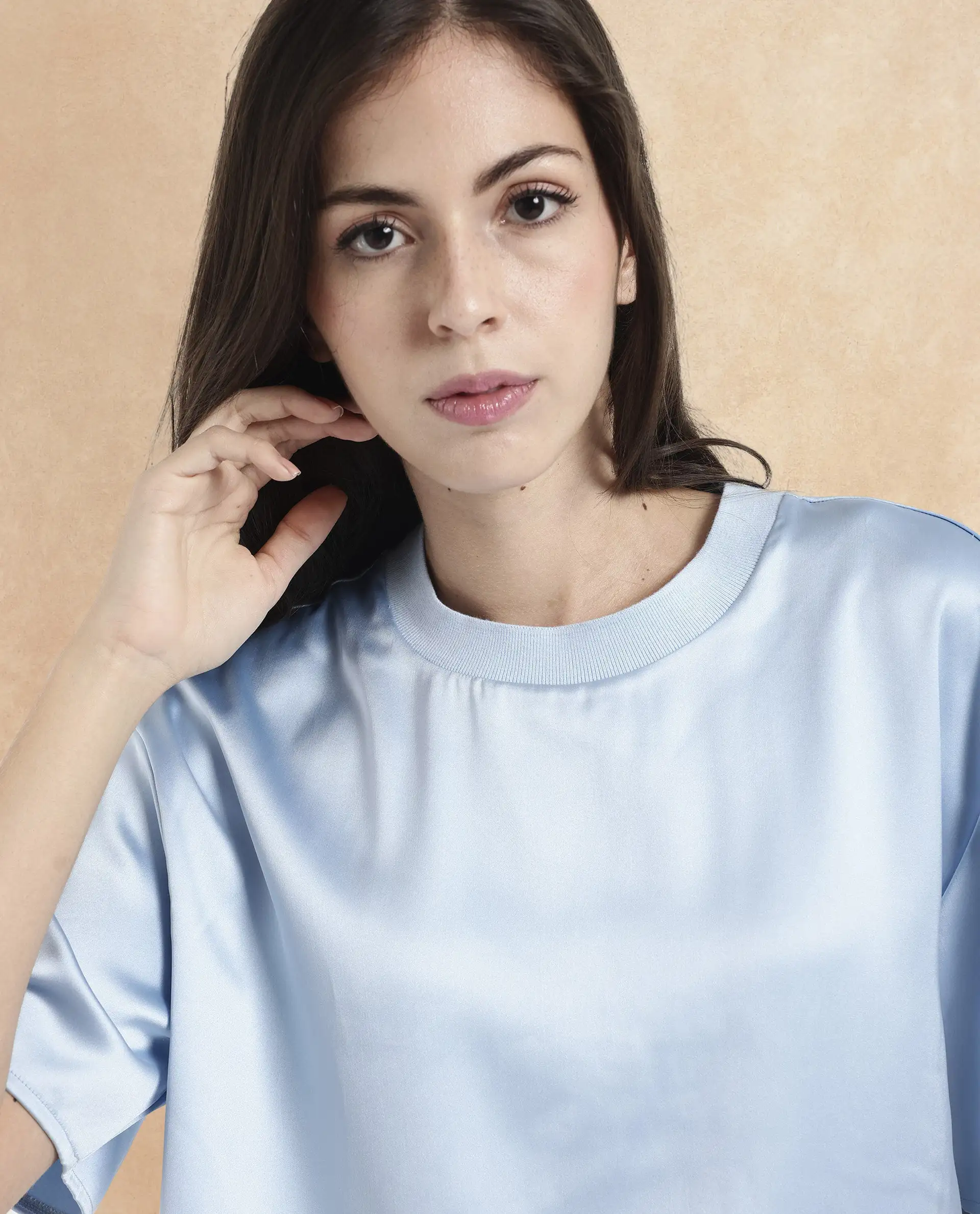 Rareism Women's Haruno Light Blue Polyester Ribbed Collar Plain Boxy Fit Top - Image 2