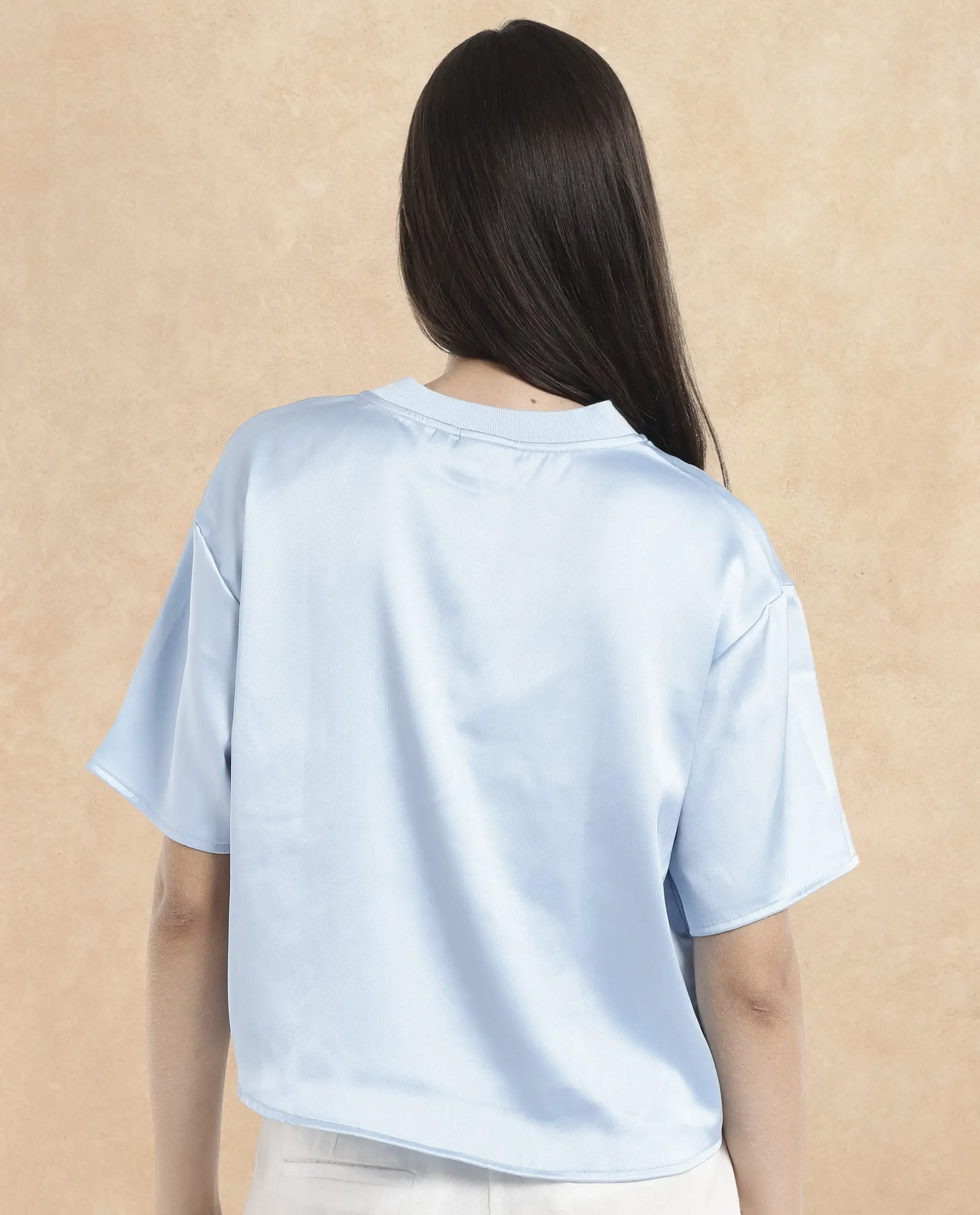 Rareism Women's Haruno Light Blue Polyester Ribbed Collar Plain Boxy Fit Top - Image 5