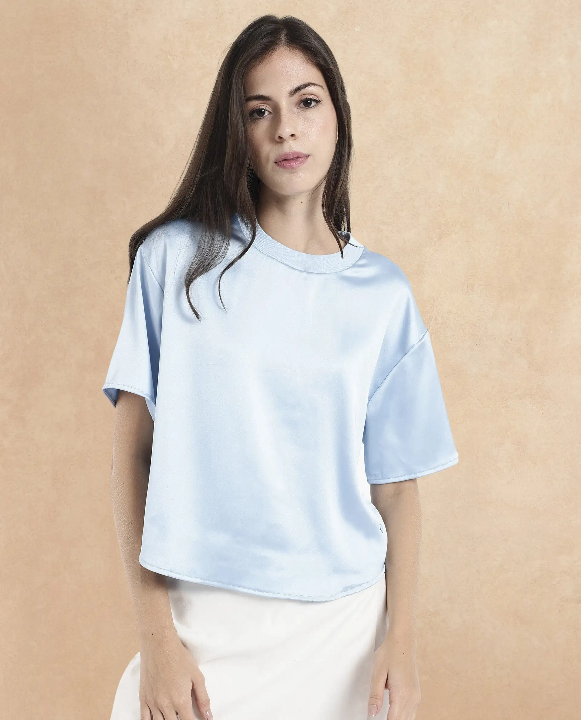 Rareism Women's Haruno Light Blue Polyester Ribbed Collar Plain Boxy Fit Top - Image 6