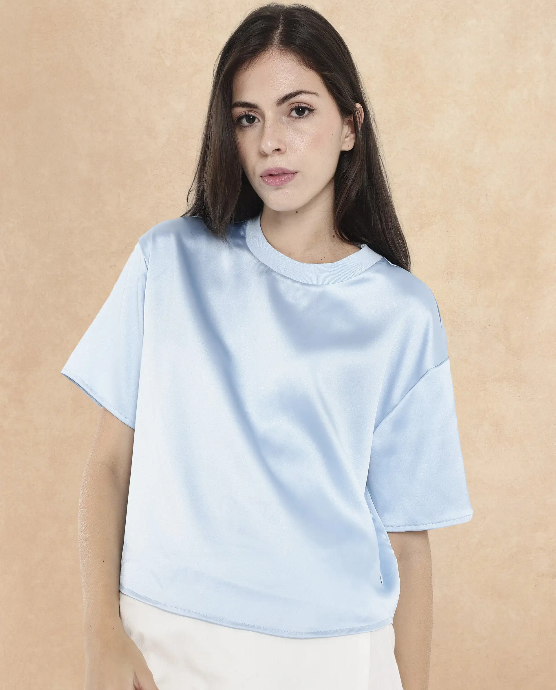 Rareism Women's Haruno Light Blue Polyester Ribbed Collar Plain Boxy Fit Top - Image 7