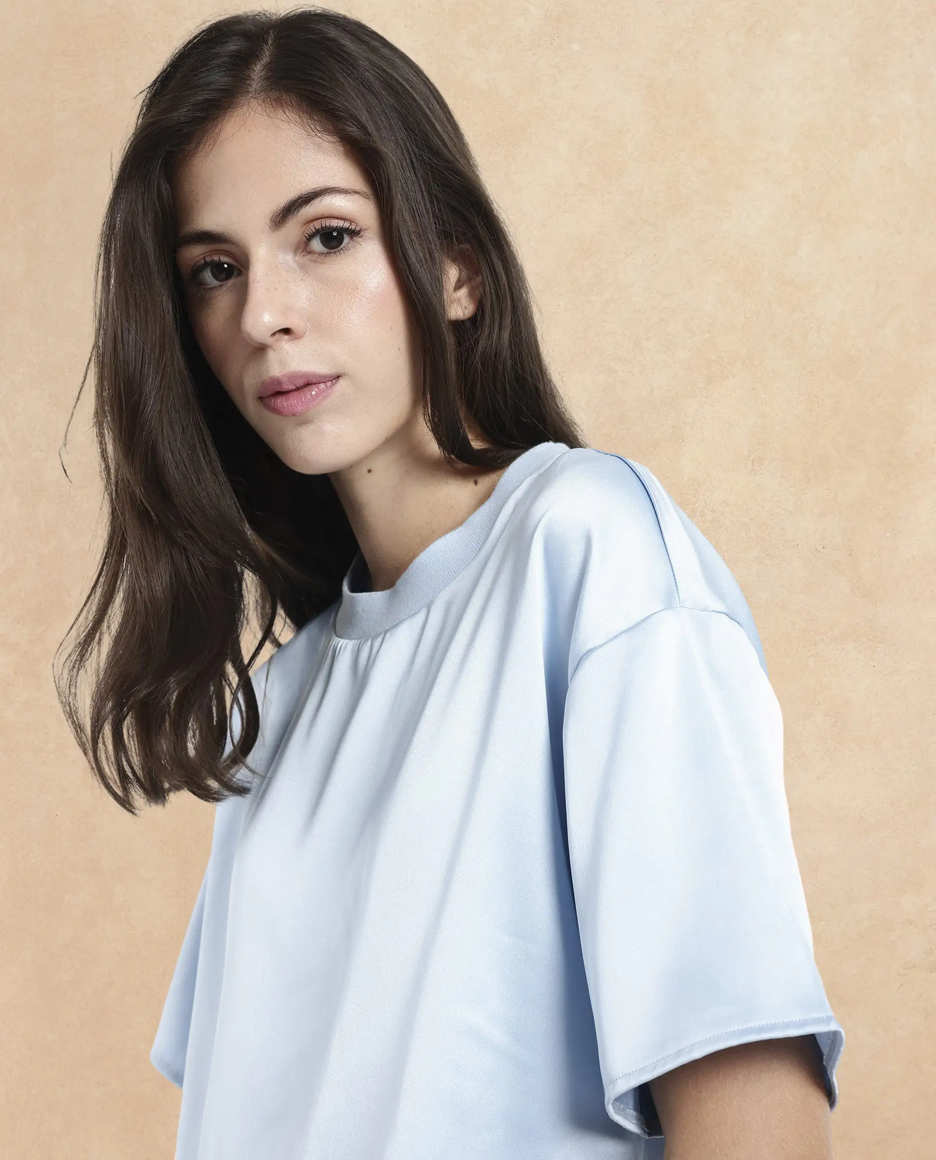 Rareism Women's Haruno Light Blue Polyester Ribbed Collar Plain Boxy Fit Top - Image 8