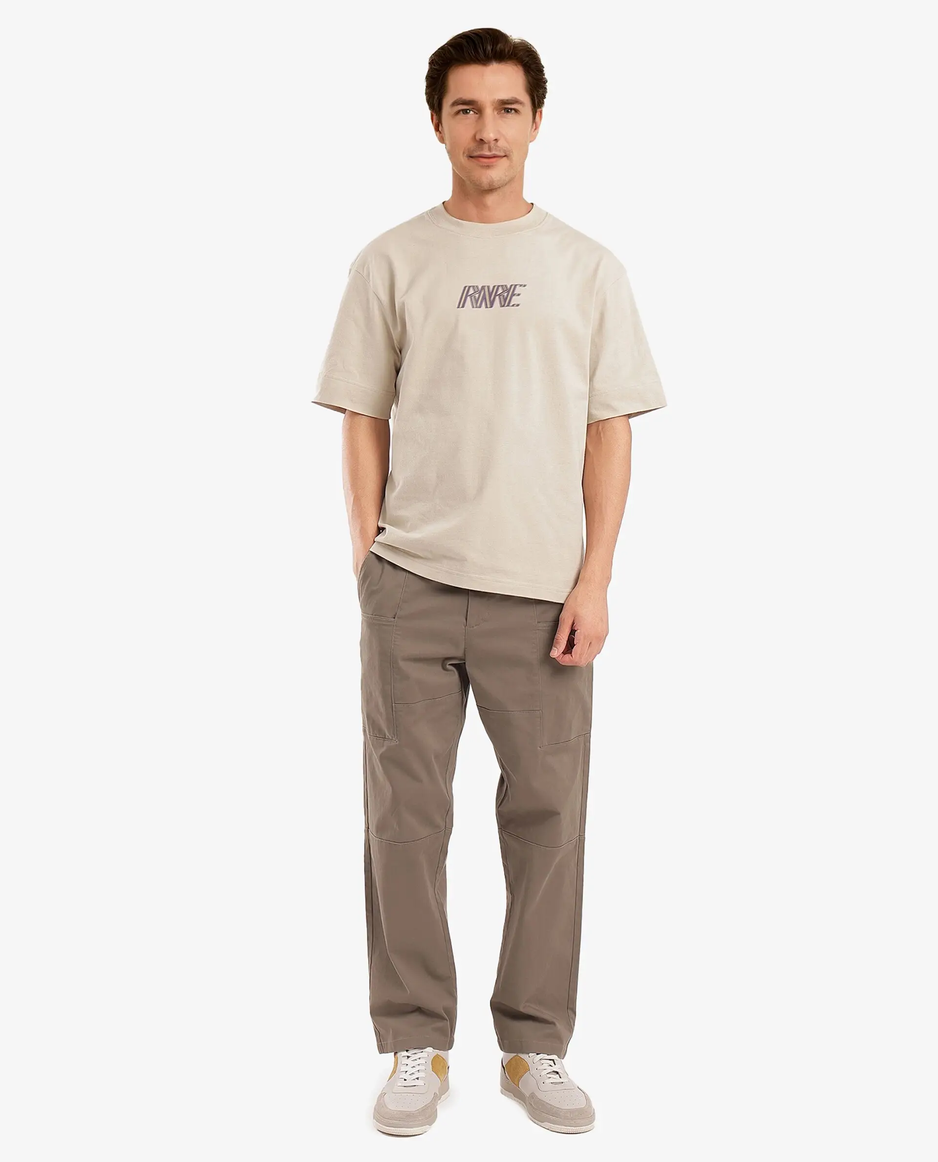Rare Rabbit Men's Harve Beige Cotton Blend Graphic Print Boxy Fit Half Sleeve Crew Neck T-Shirt - Image 2