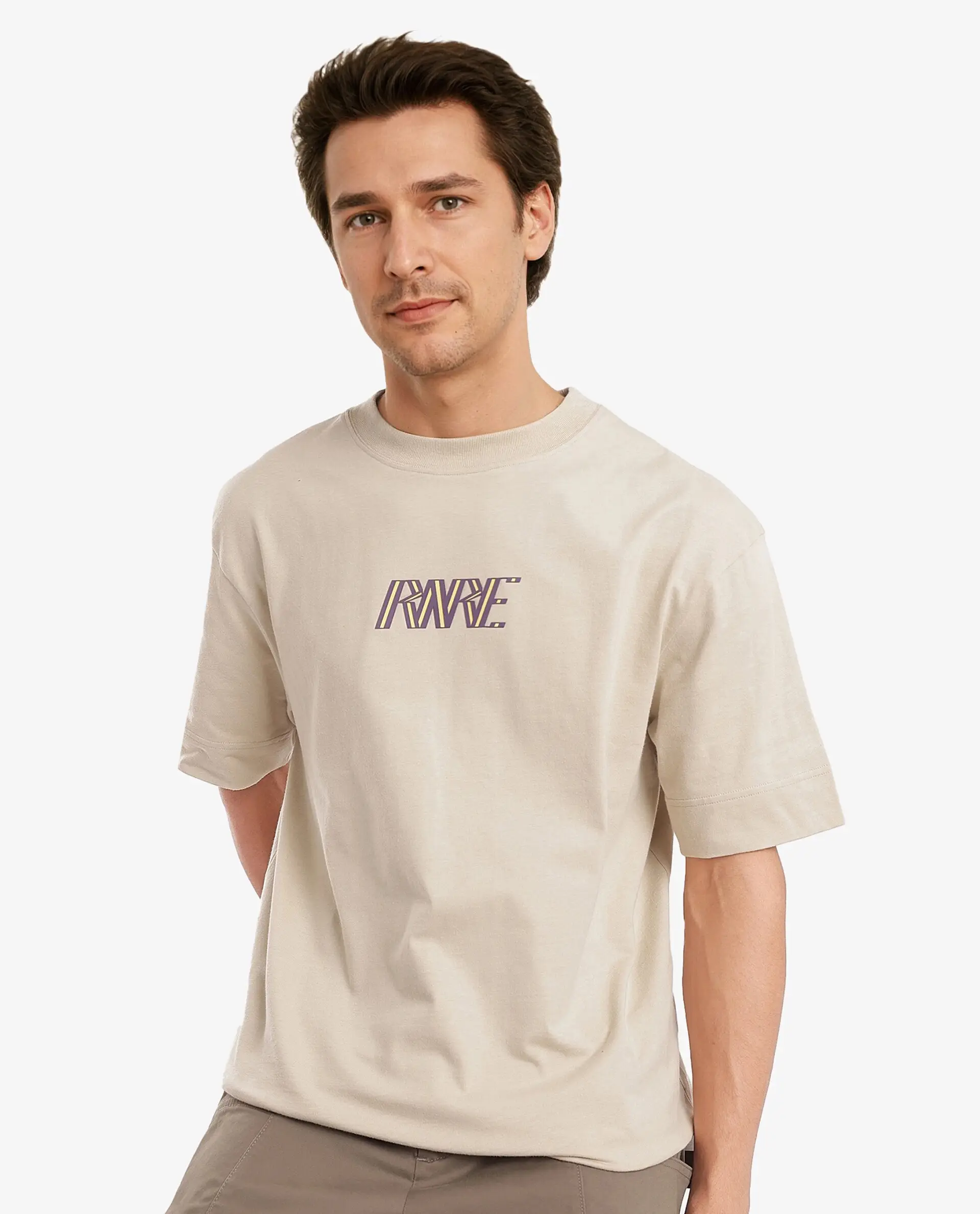 Rare Rabbit Men's Harve Beige Cotton Blend Graphic Print Boxy Fit Half Sleeve Crew Neck T-Shirt - Image 7