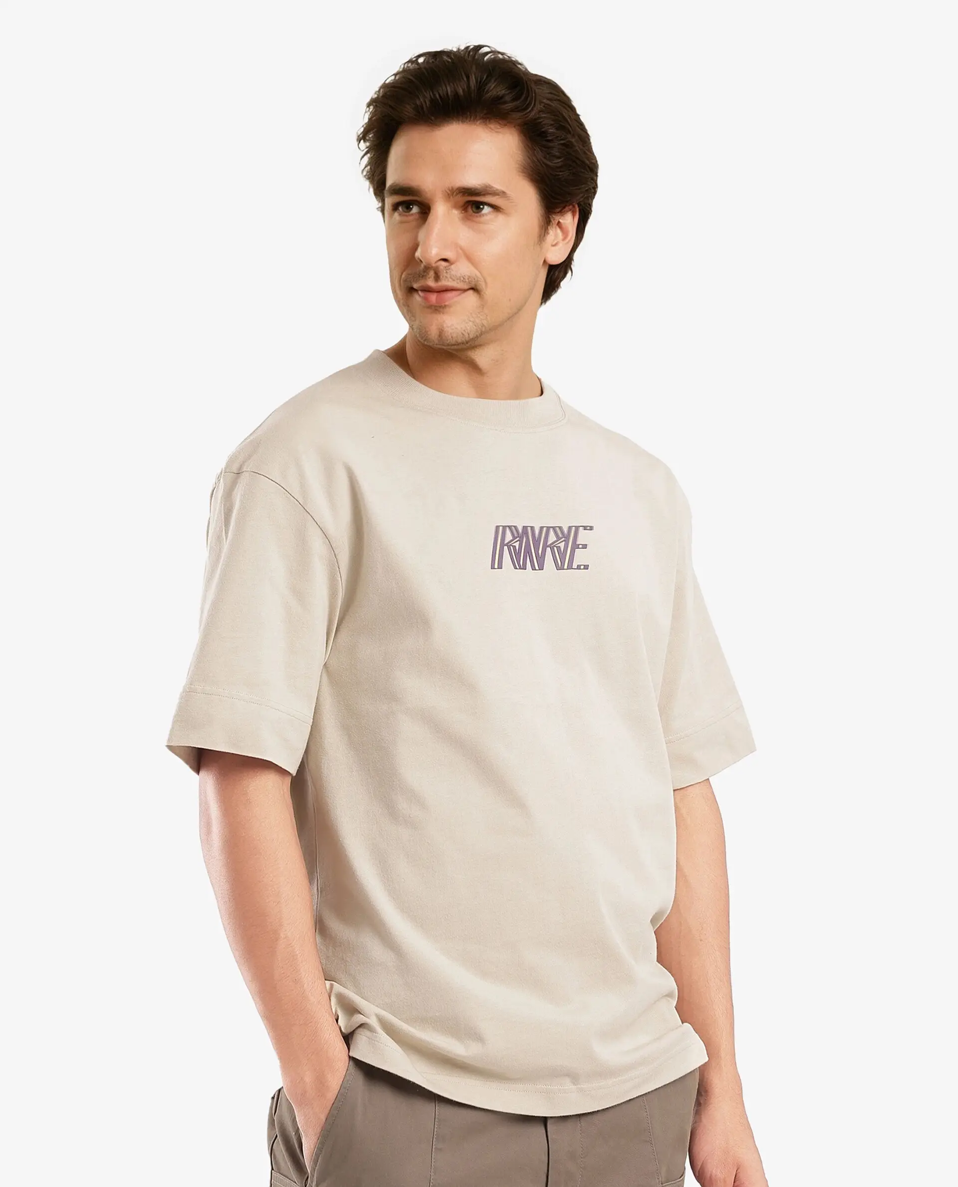 Rare Rabbit Men's Harve Beige Cotton Blend Graphic Print Boxy Fit Half Sleeve Crew Neck T-Shirt - Image 9