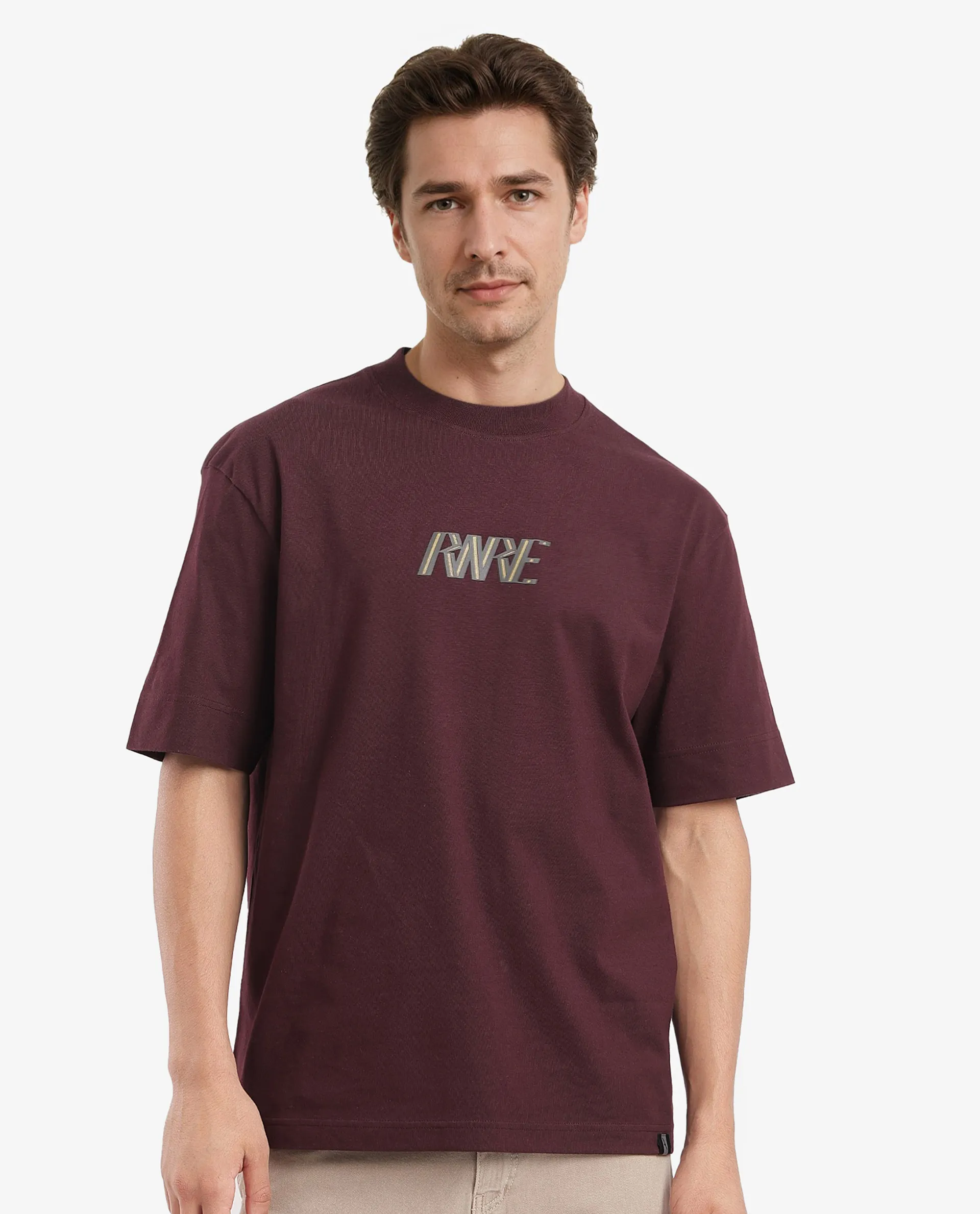 Rare Rabbit Men's Harve Brown Cotton Blend Graphic Print Boxy Fit Half Sleeve Crew Neck T-Shirt