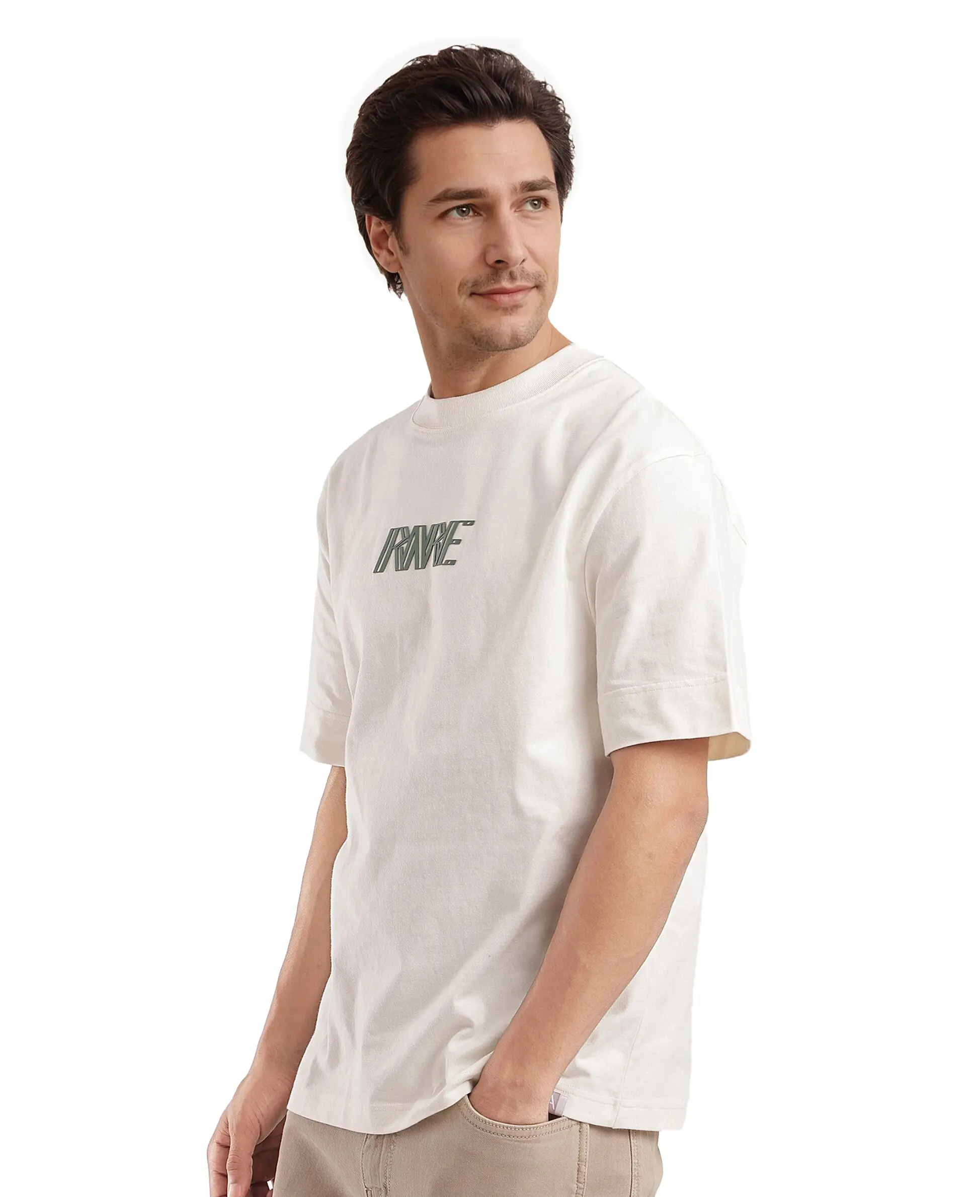 Rare Rabbit Men's Harve Off White Cotton Graphic Print Boxy Fit Half Sleeve Crew Neck T-Shirt - Image 7