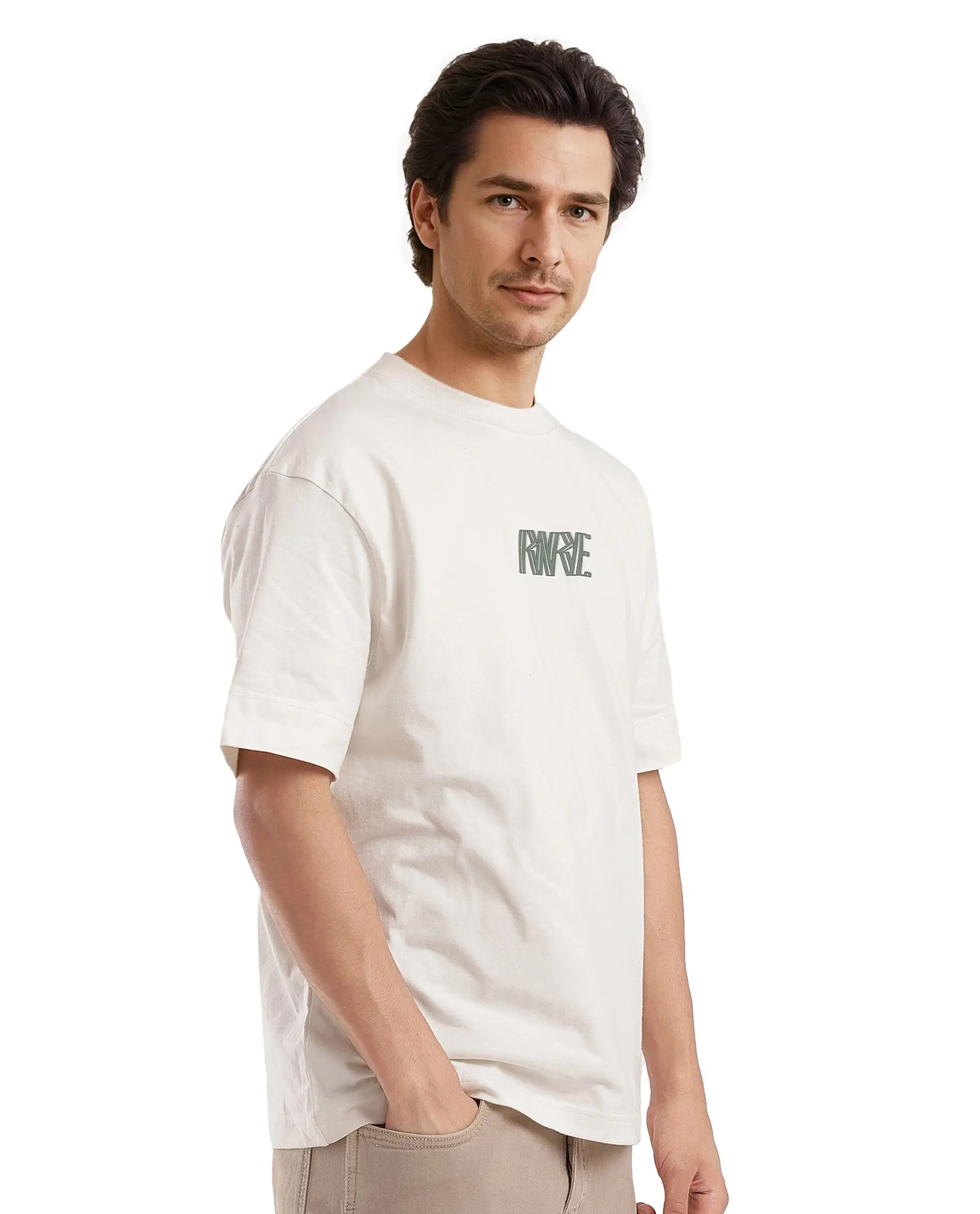 Rare Rabbit Men's Harve Off White Cotton Graphic Print Boxy Fit Half Sleeve Crew Neck T-Shirt - Image 8
