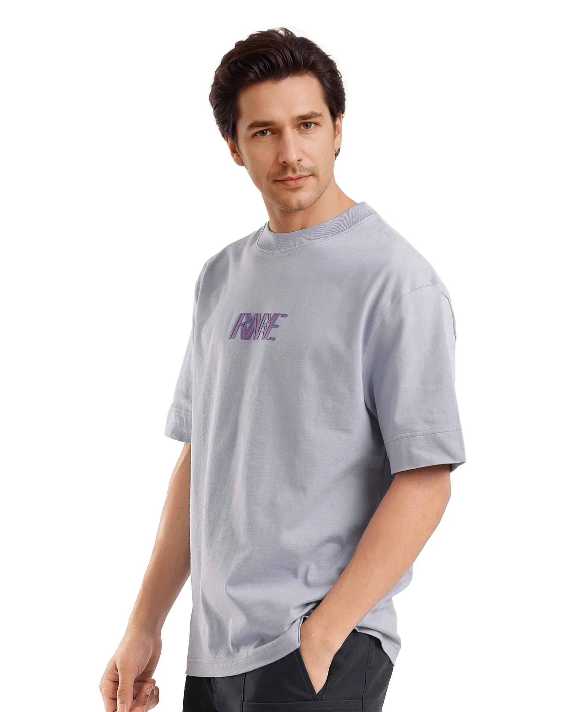 Rare Rabbit Men's Harve Light Blue Cotton Blend Graphic Print Boxy Fit Half Sleeve Crew Neck T-Shirt - Image 6