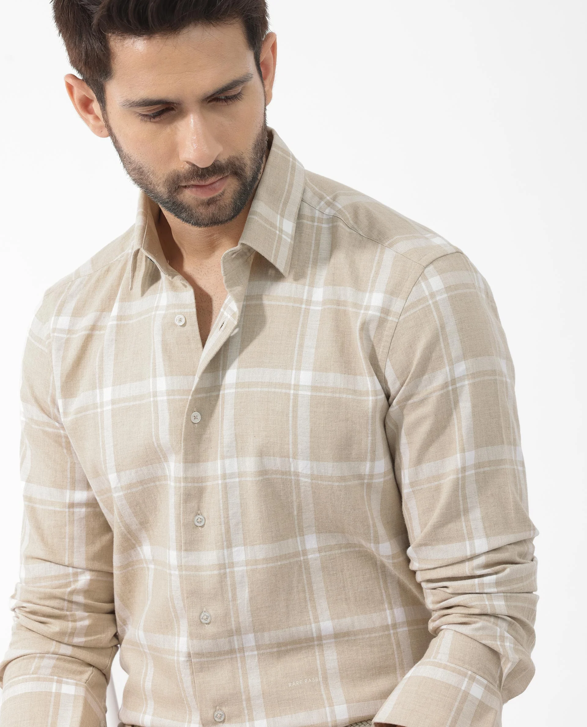 Rare Rabbit Men's Hase Beige Cotton Checked Print Regular Fit Full Sleeve Collared Shirt